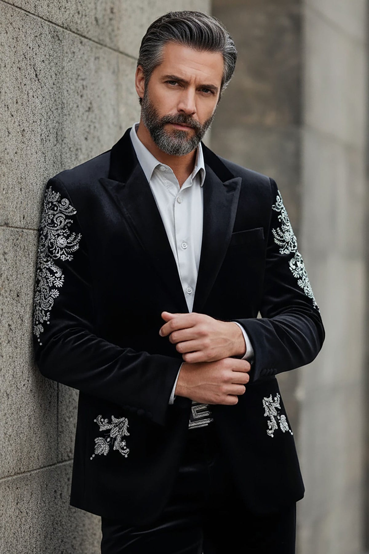 Man wearing the BARABAS Palermo Passion Velvet Sequin Blazer with rhinestone and sequin embroidery, styled for Diwali celebration dressing