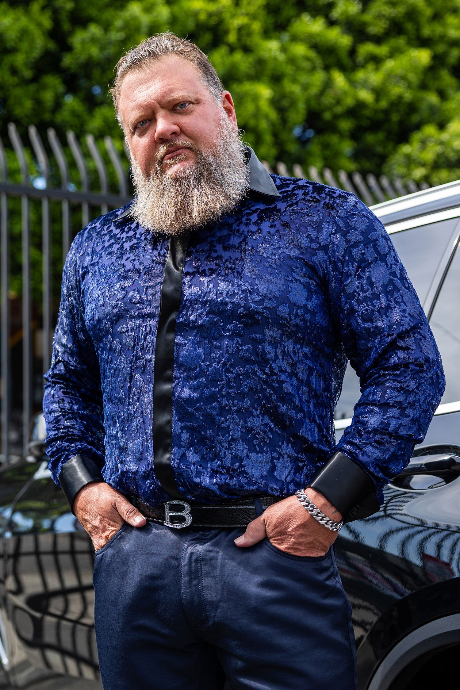 Men's luxury formal dress shirt in navy blue with French cuffs, perfect for elegant occasions