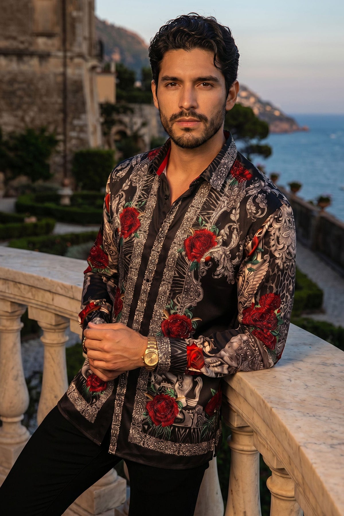 BARABAS Radiant Sculpt Baroque Rhinestone Long Sleeve Shirt in Black Silver — how to style rhinestone shirts