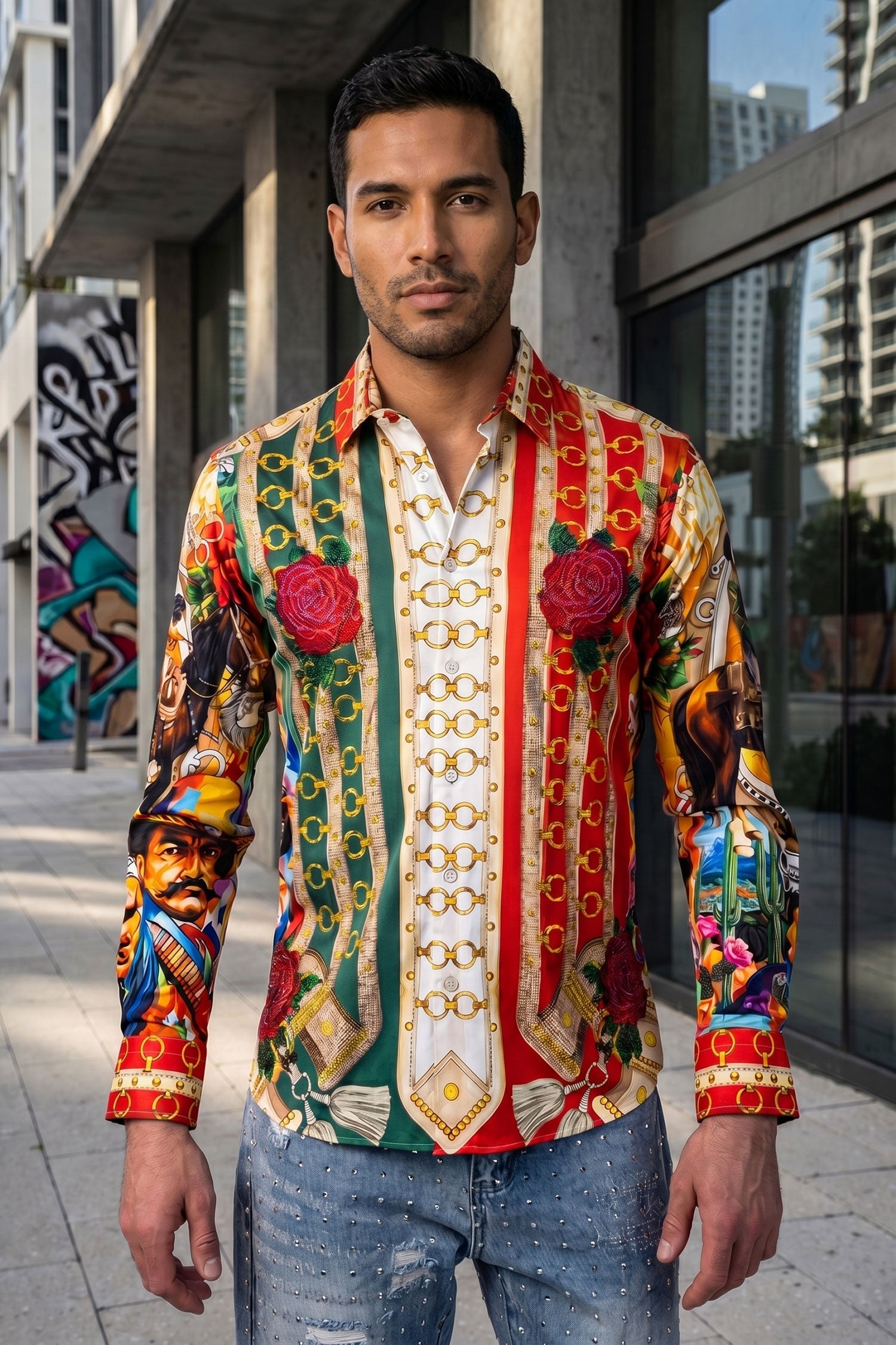 BARABAS Men's Viva Villa Western Floral Long Sleeve Shirt - Poppy Red Statement