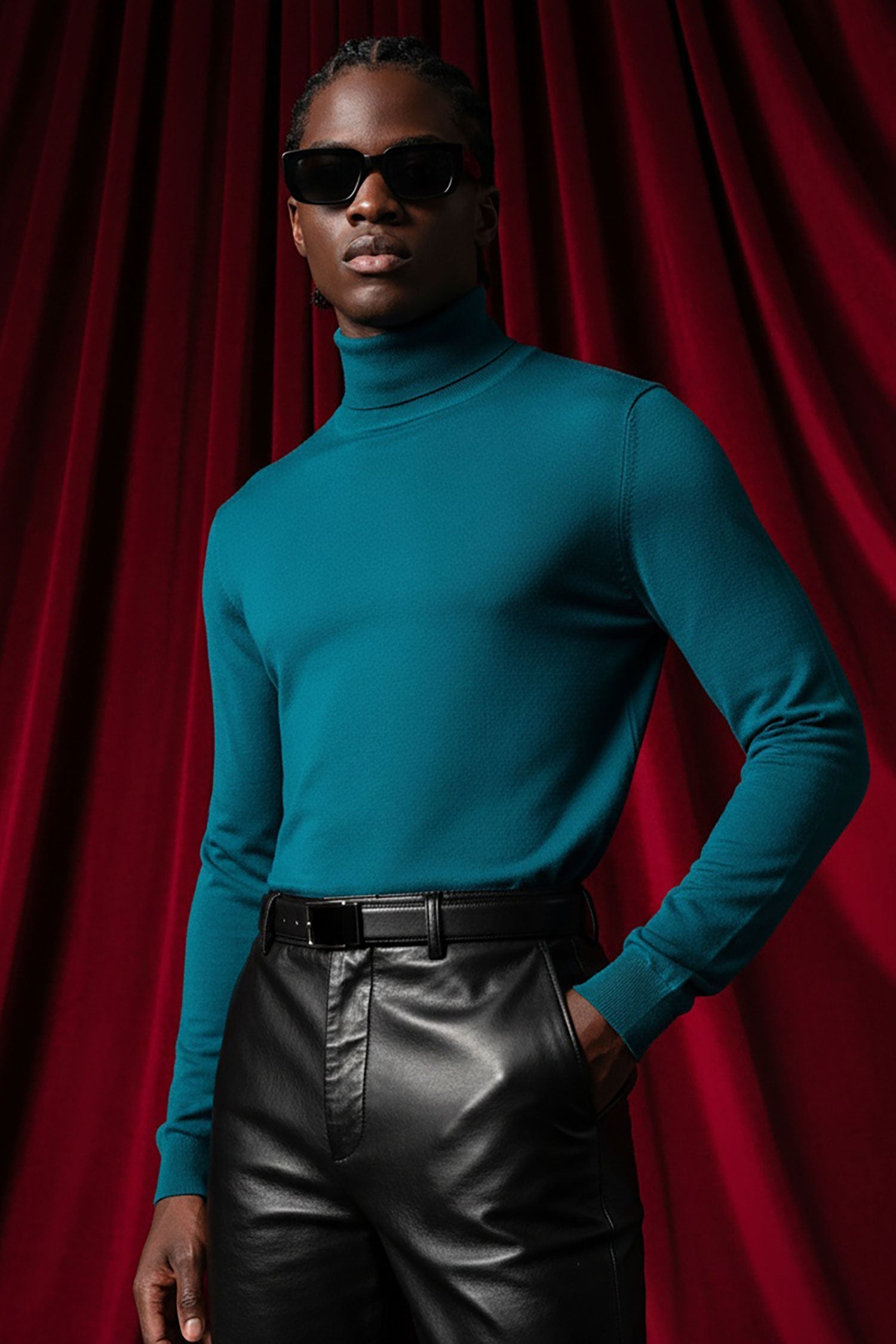 Men's luxury layering: turtleneck sweater over dress shirt with blazer