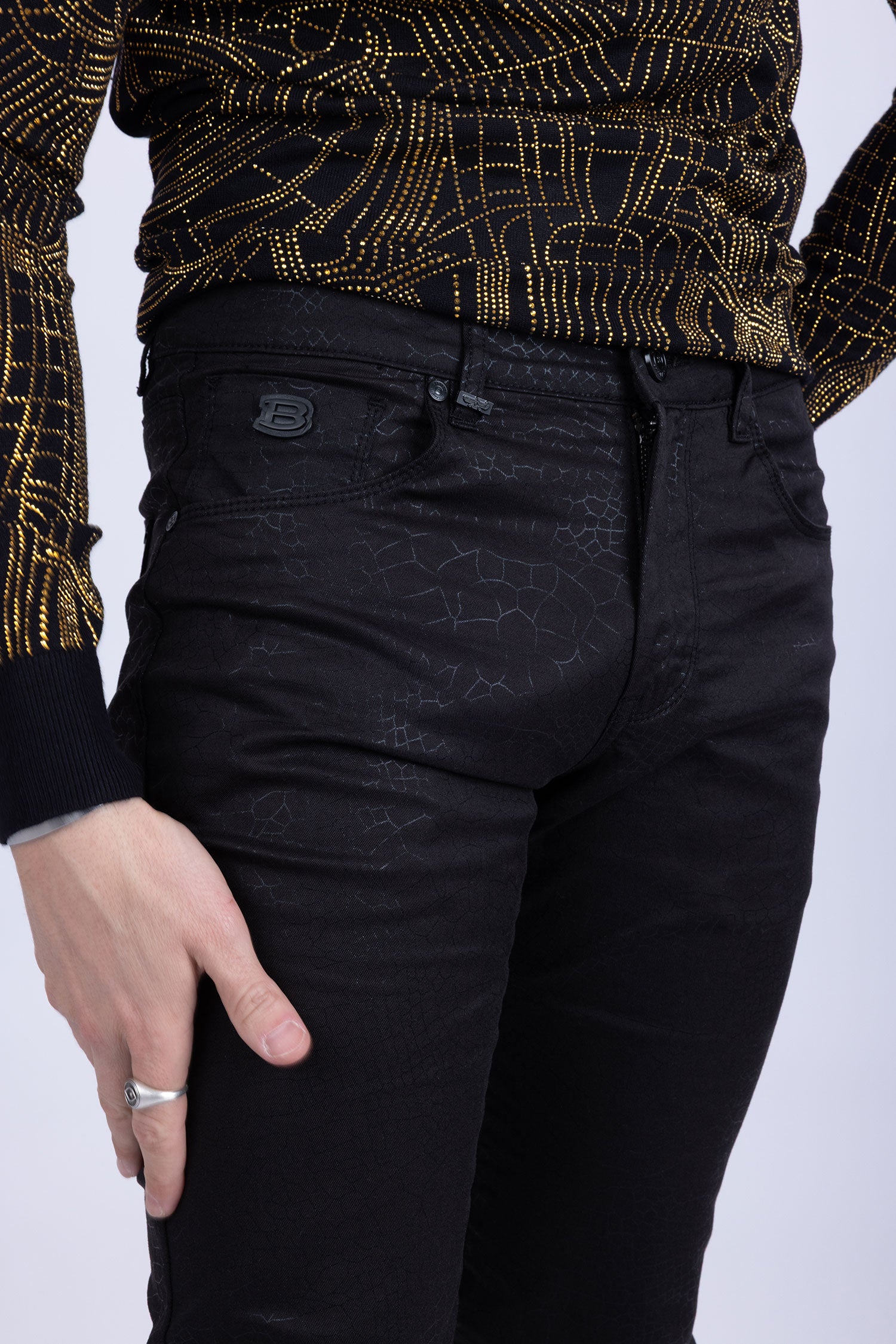 Barabas Men's Stretch Slim Lava Pattern Premium Denim Jeans 1750 Black