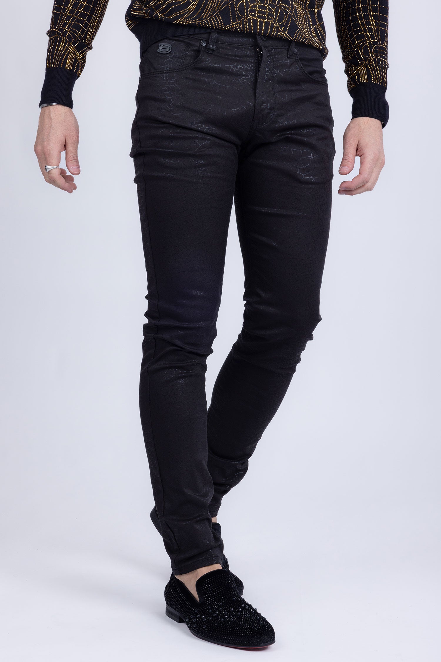 Barabas Men's Stretch Slim Lava Pattern Premium Denim Jeans 1750 Black