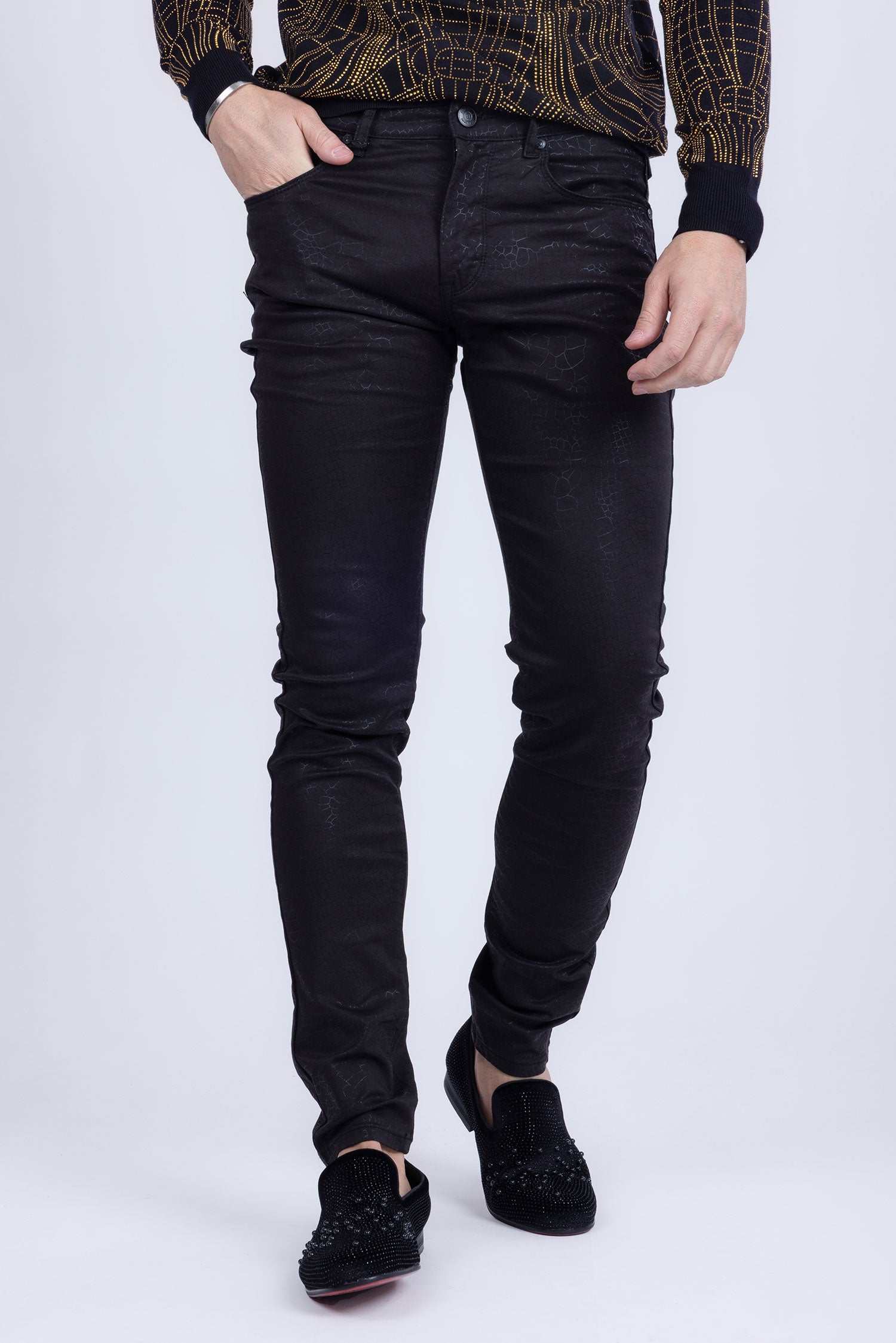 Barabas Men's Stretch Slim Lava Pattern Premium Denim Jeans 1750 Black