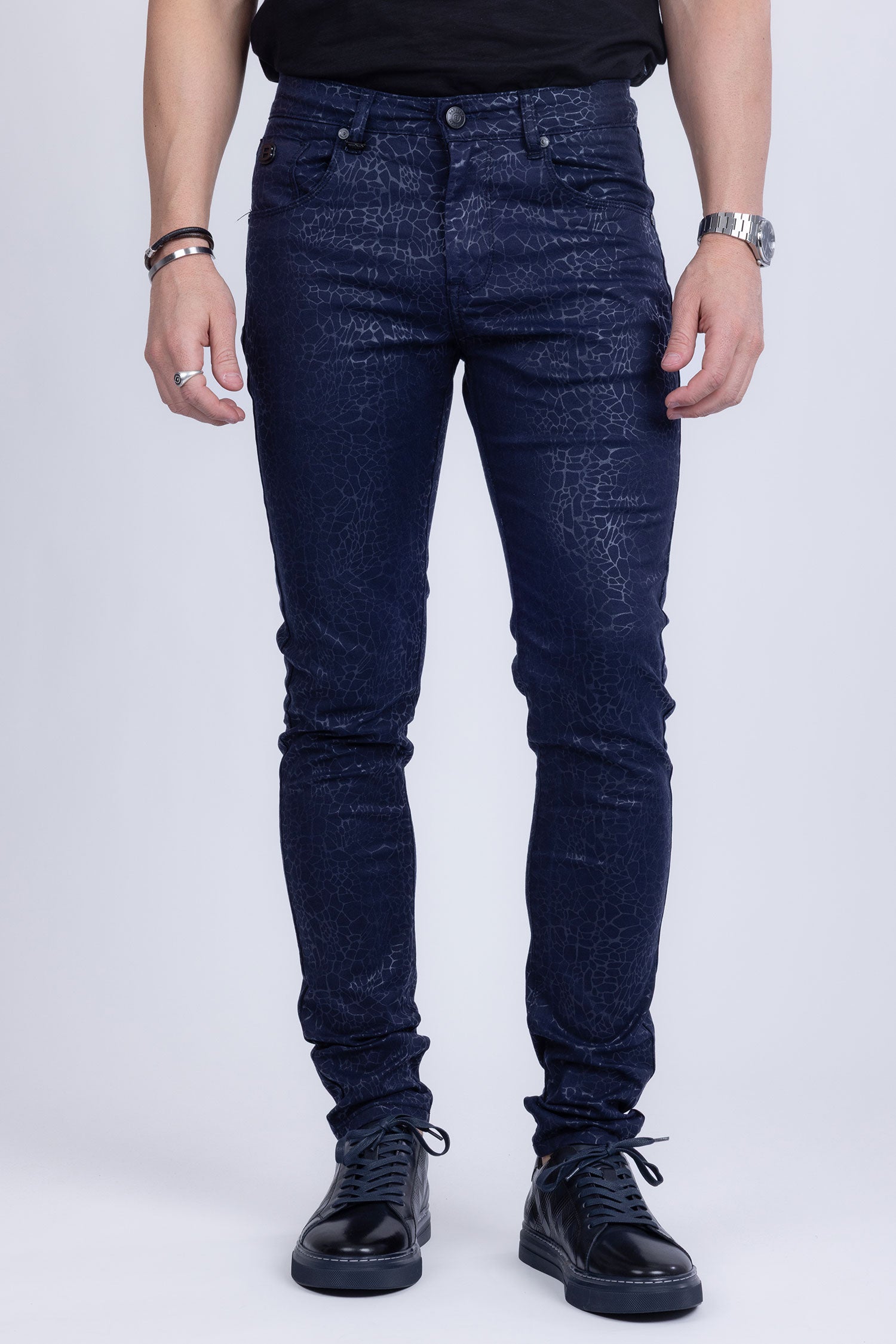 Barabas Men's Stretch Slim Lava Pattern Premium Denim Jeans 1750 Navy