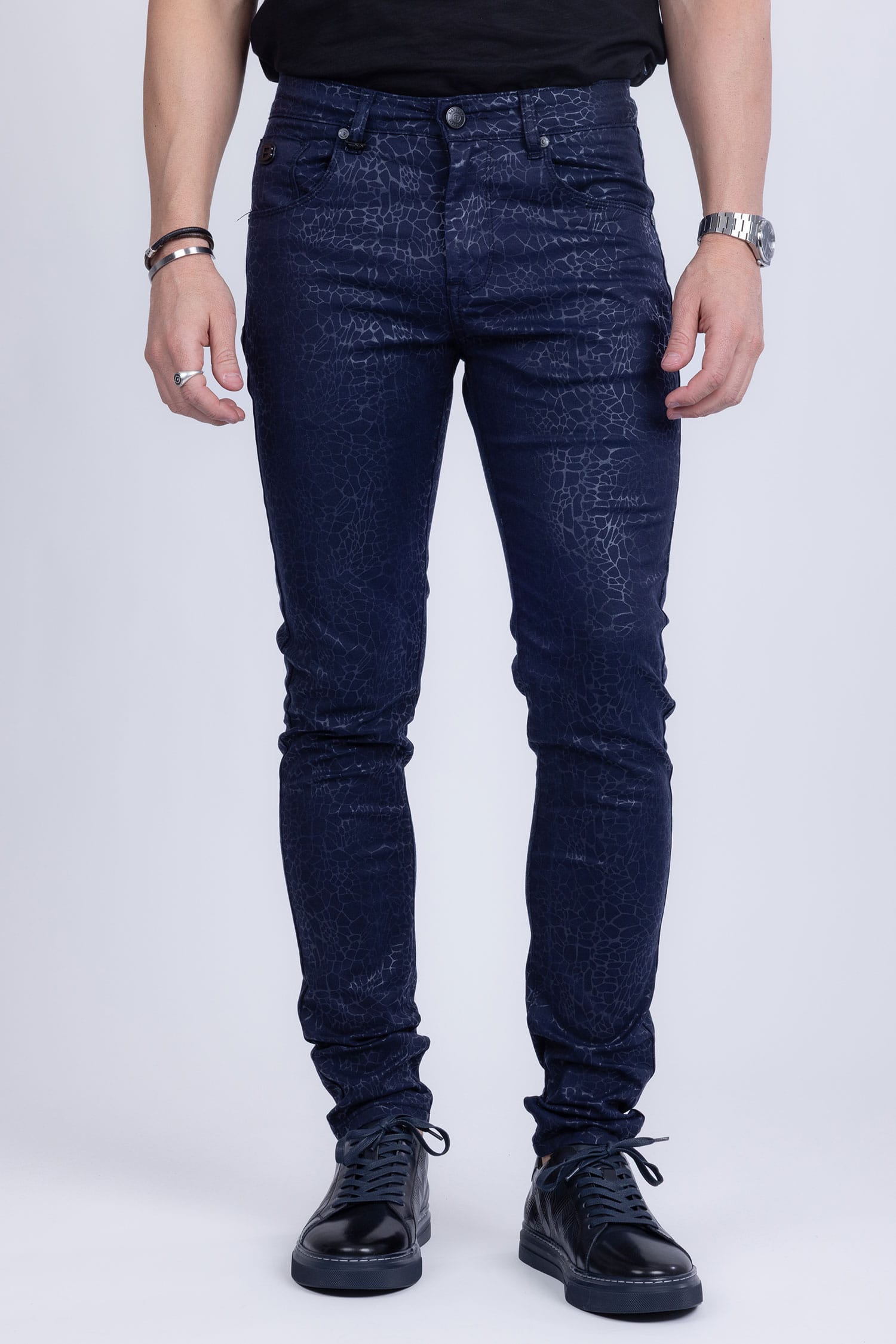 Barabas Men's Stretch Slim Lava Pattern Premium Denim Jeans 1750 Navy