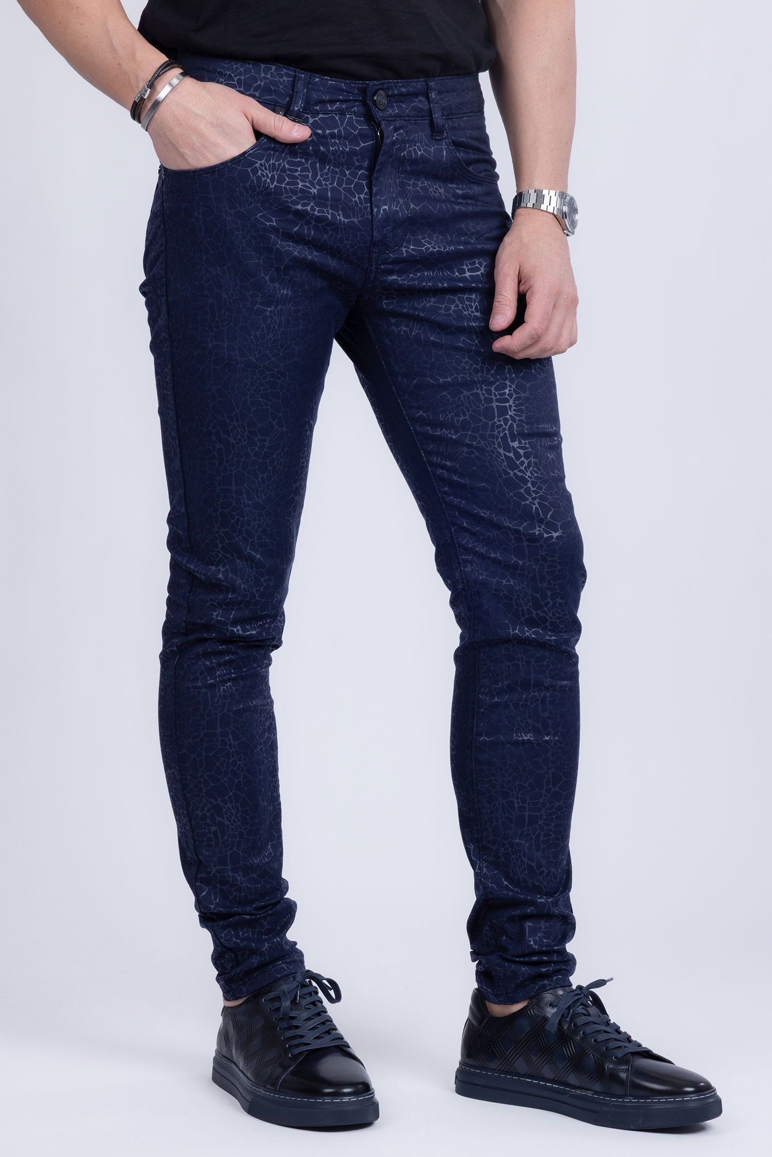 Barabas Men's Stretch Slim Lava Pattern Premium Denim Jeans 1750 Navy
