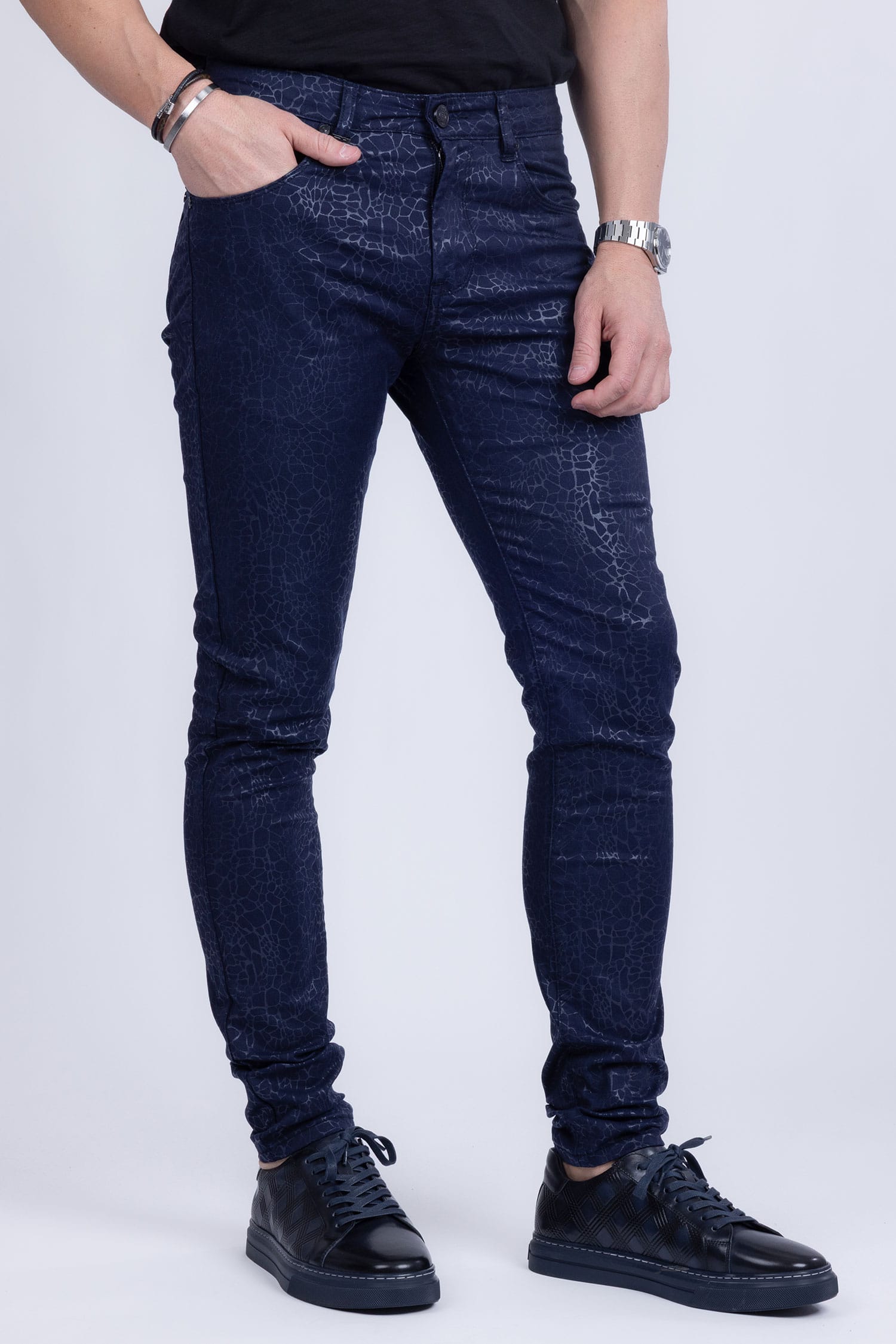 Barabas Men's Stretch Slim Lava Pattern Premium Denim Jeans 1750 Navy
