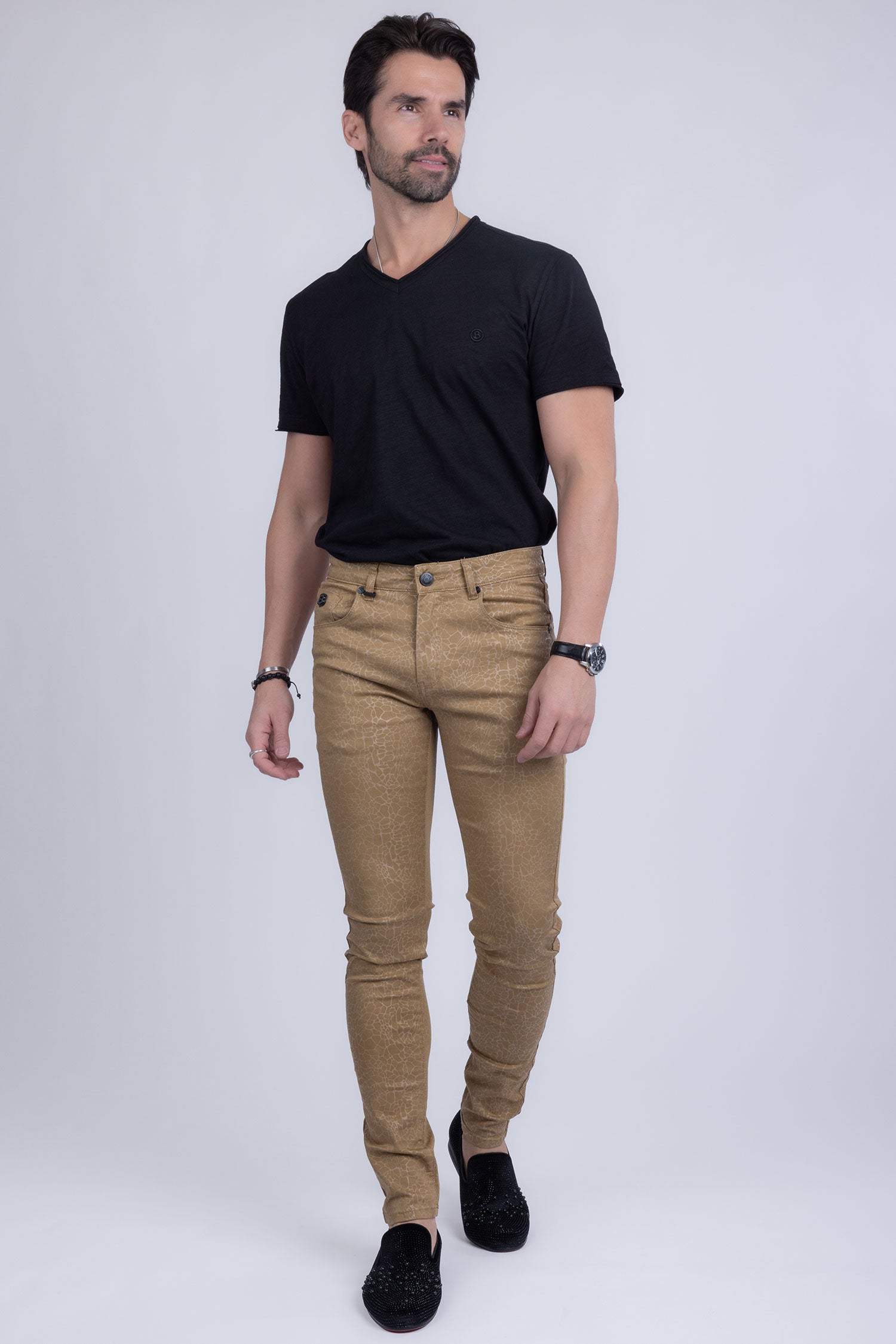 Barabas Men's Stretch Slim Lava Pattern Premium Denim Jeans 1750 Tan