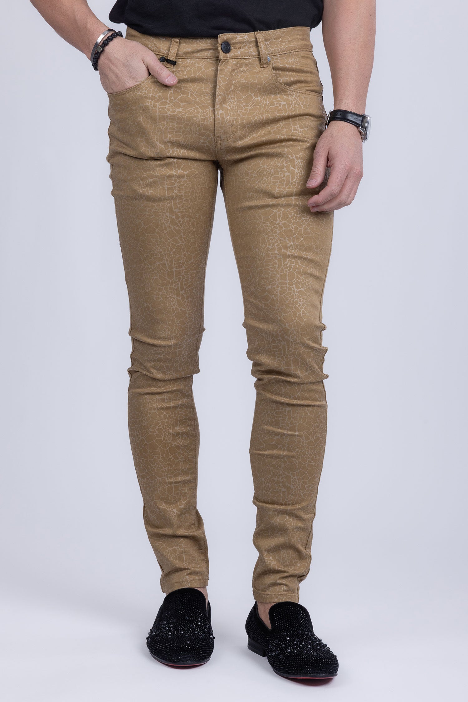 Barabas Men's Stretch Slim Lava Pattern Premium Denim Jeans 1750 Tan