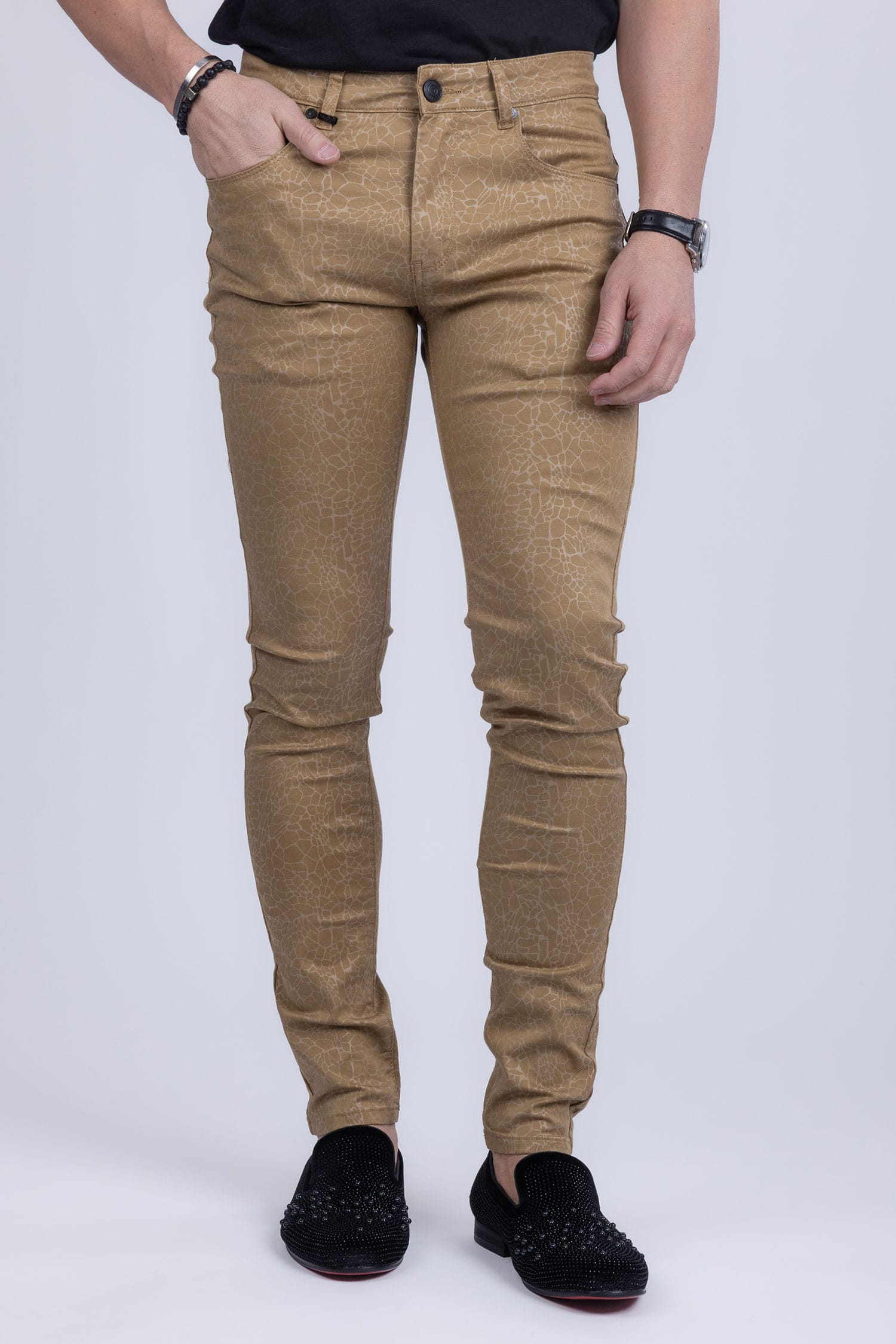 Barabas Men's Stretch Slim Lava Pattern Premium Denim Jeans 1750 Tan