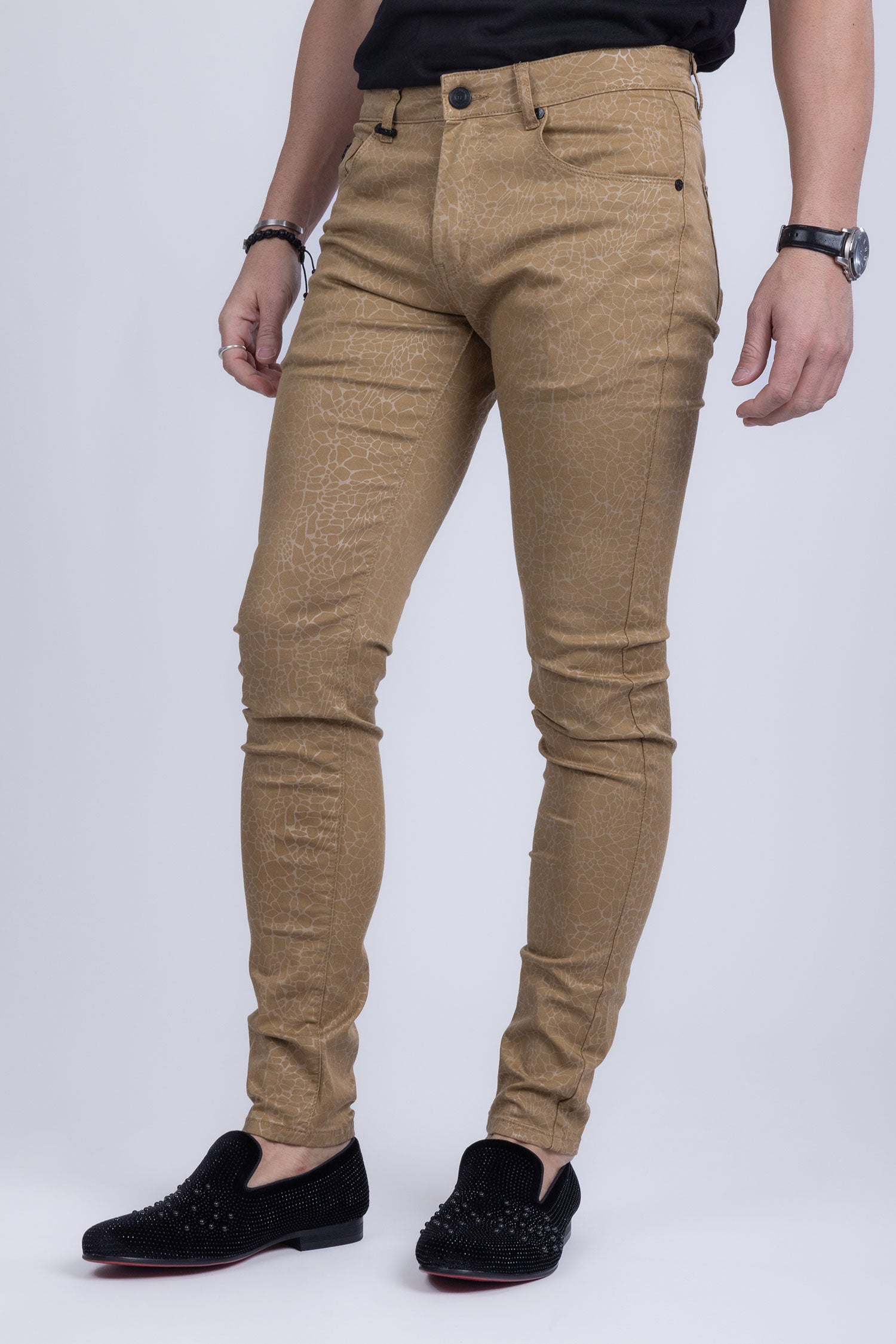Barabas Men's Stretch Slim Lava Pattern Premium Denim Jeans 1750 Tan