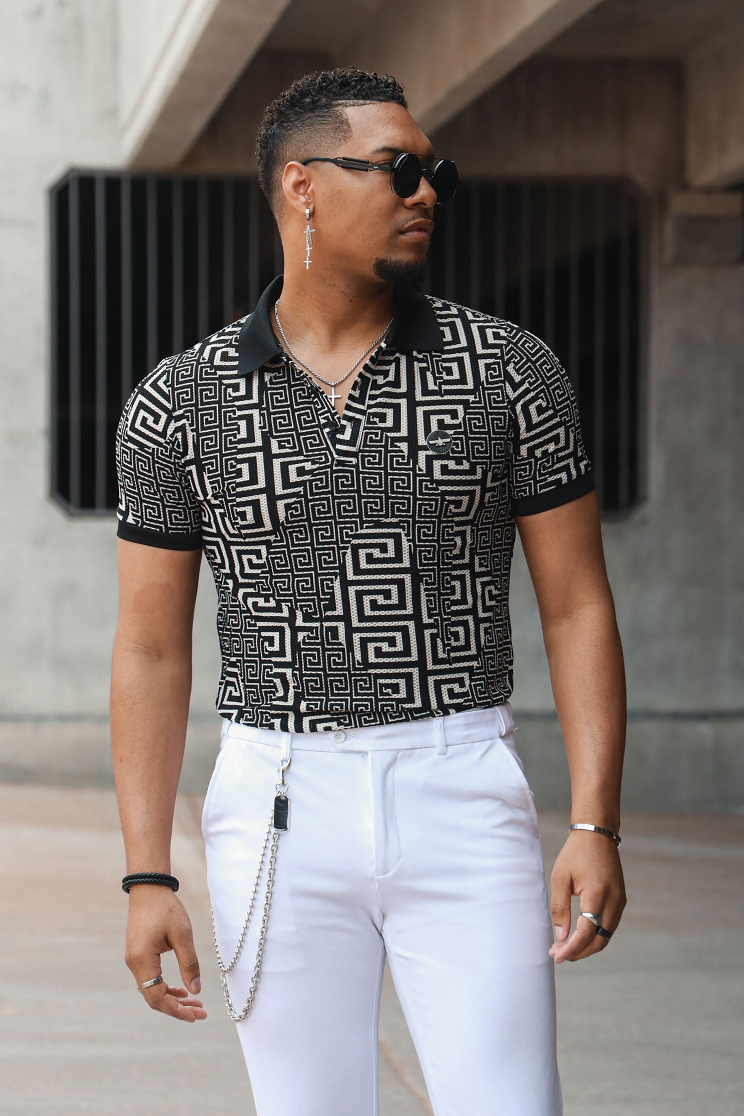 Barabas Men's Solid Color Greek Key Pattern Premium Polo Shirts 5P07 Black