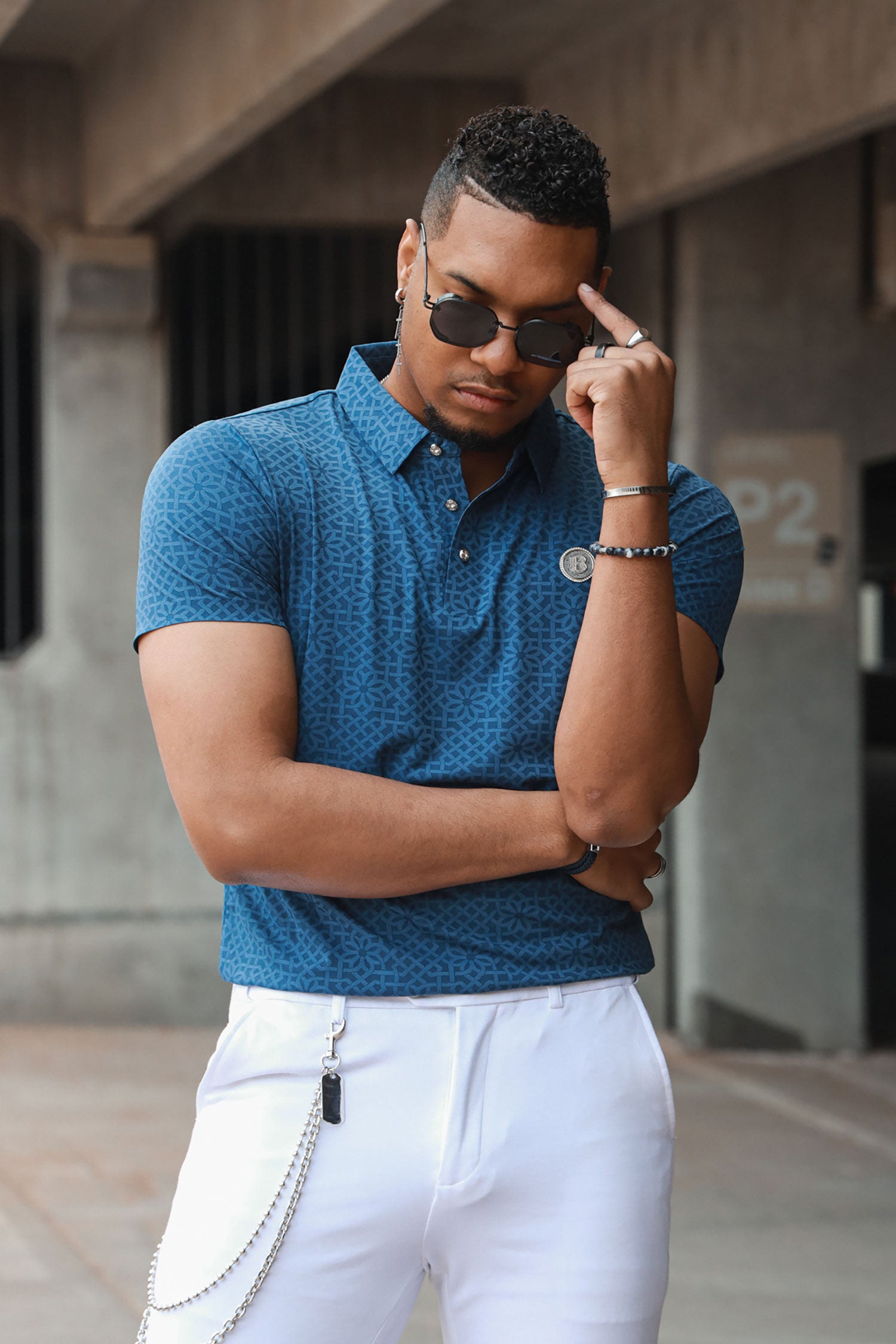 Barabas Men's Geometric Stretch Geometric Design Polo Shirts 4P26 Blue