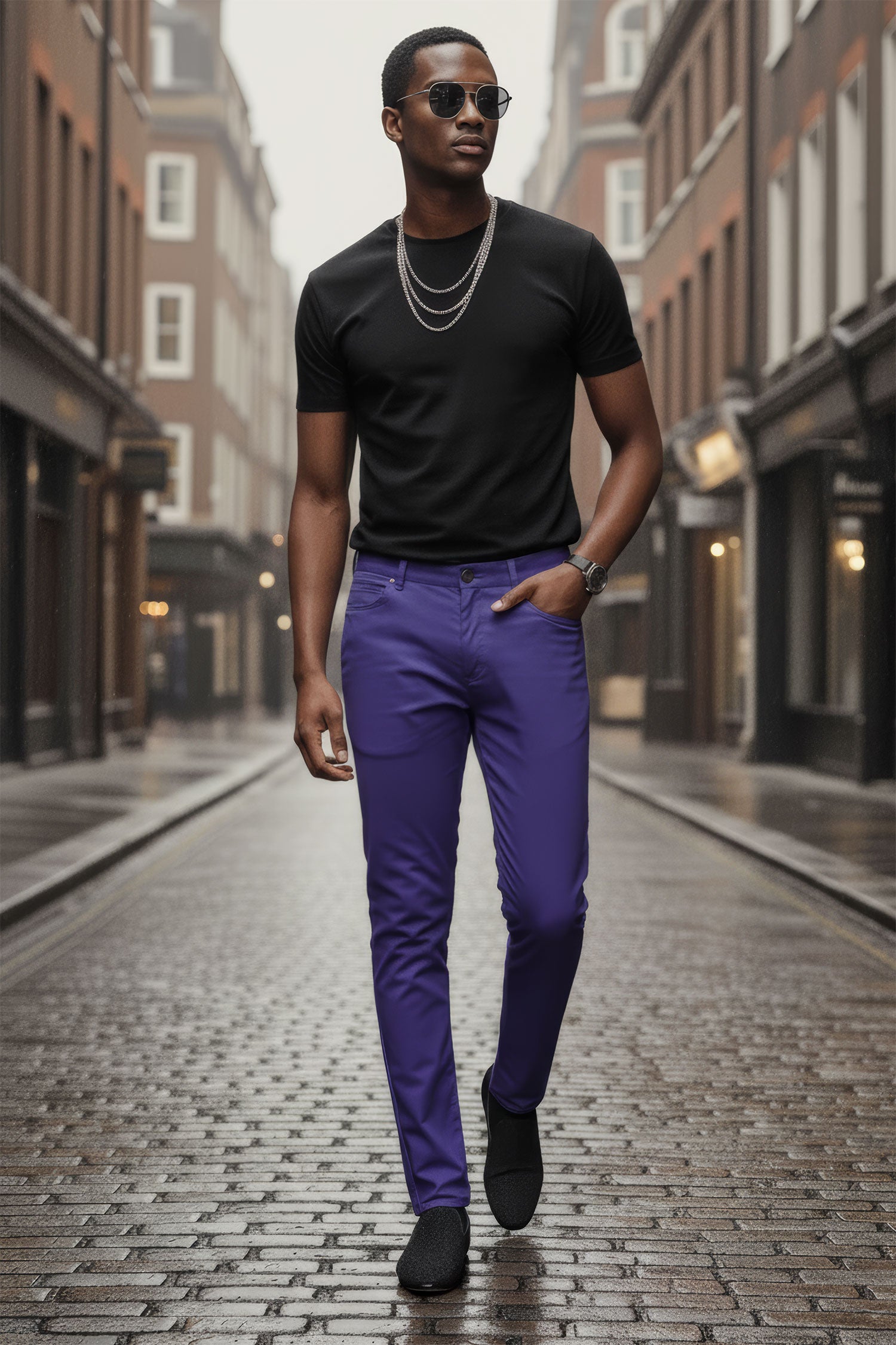 BARABAS Men's Shiny Solid Gold Color Chino Pants 2605 Navy