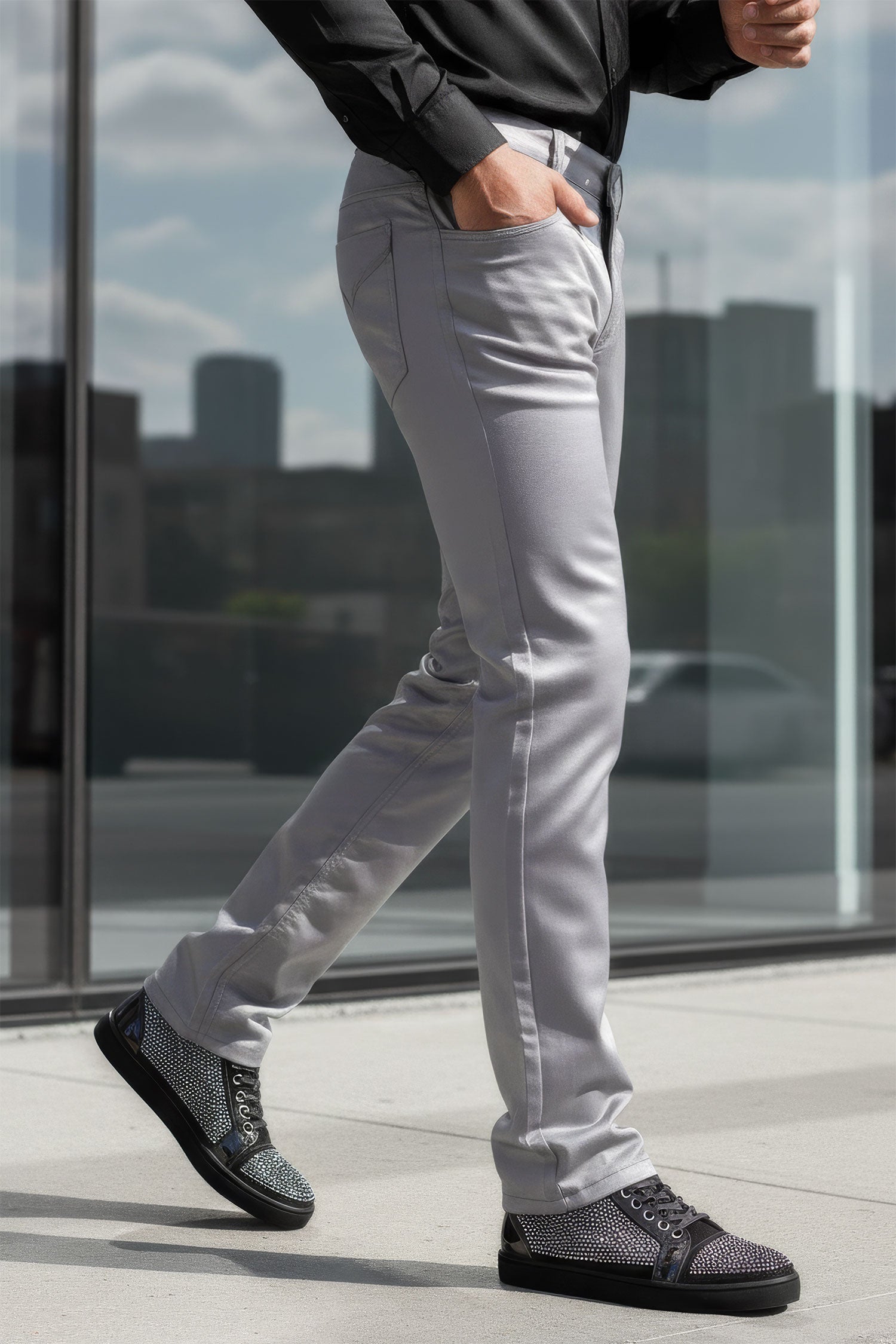 BARABAS Men's Shiny Solid Gold Color Chino Pants 2605 Silver
