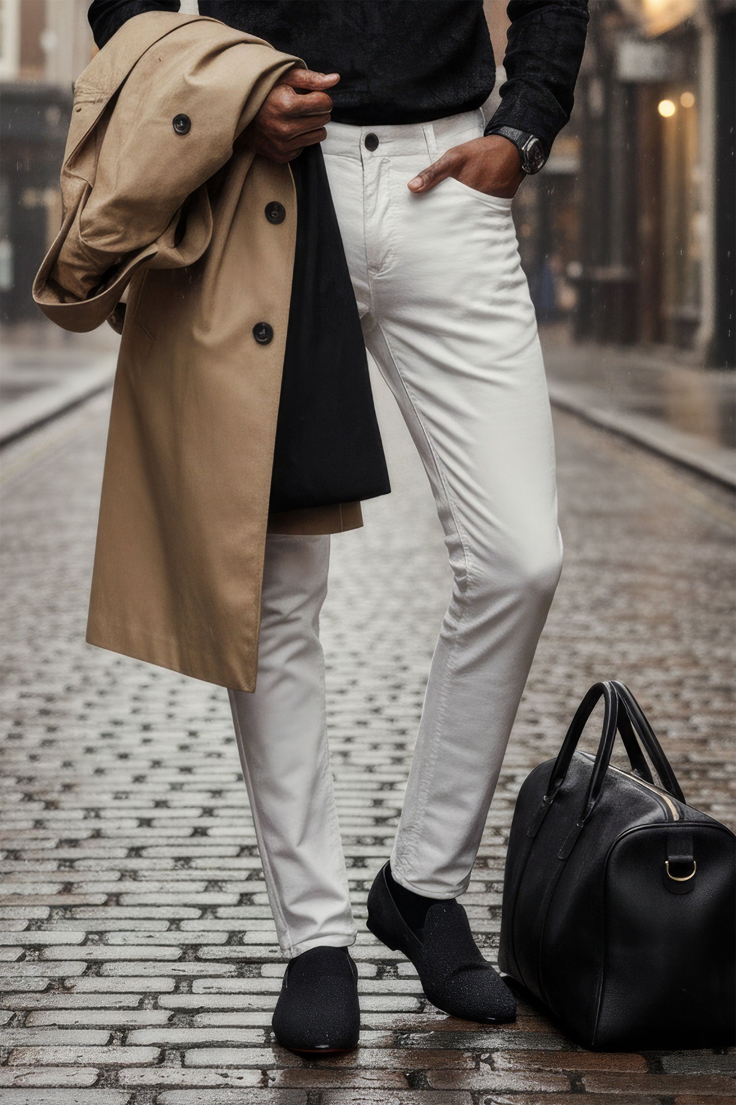 BARABAS Men's Shiny Solid Gold Color Chino Pants 2605 White