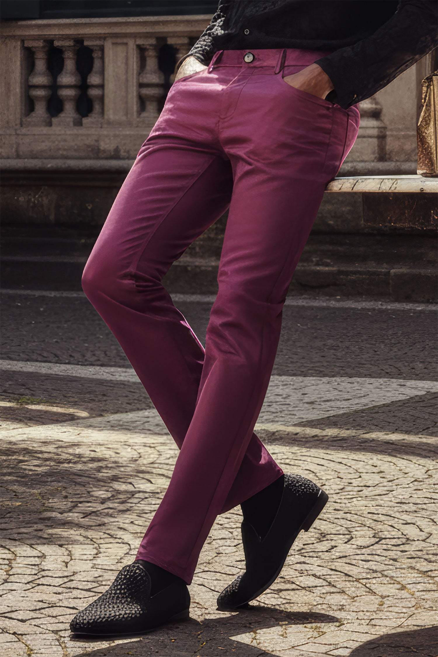 BARABAS Men's Shiny Solid Gold Color Chino Pants 2605 Wine