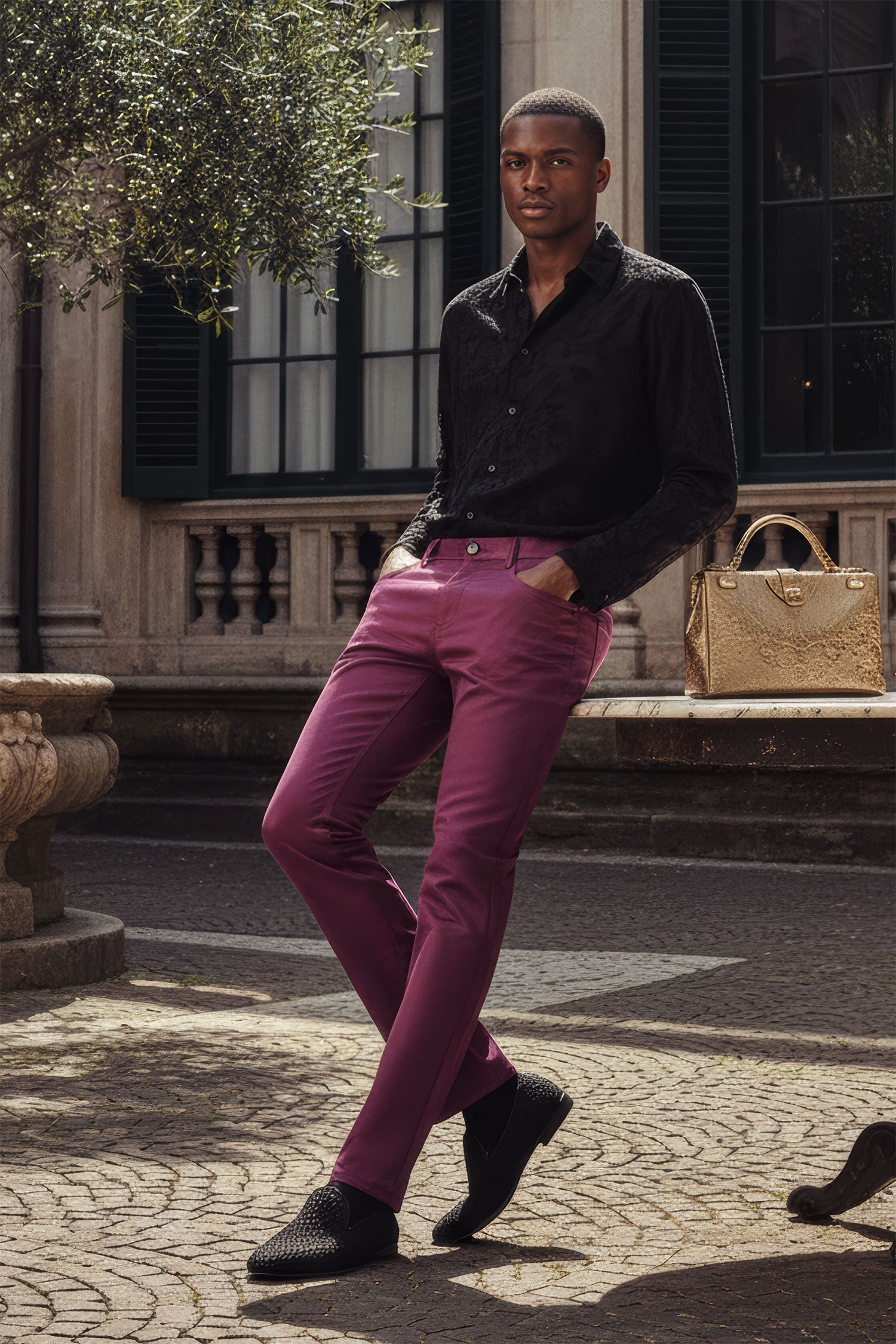 BARABAS Men's Shiny Solid Gold Color Chino Pants 2605 Wine