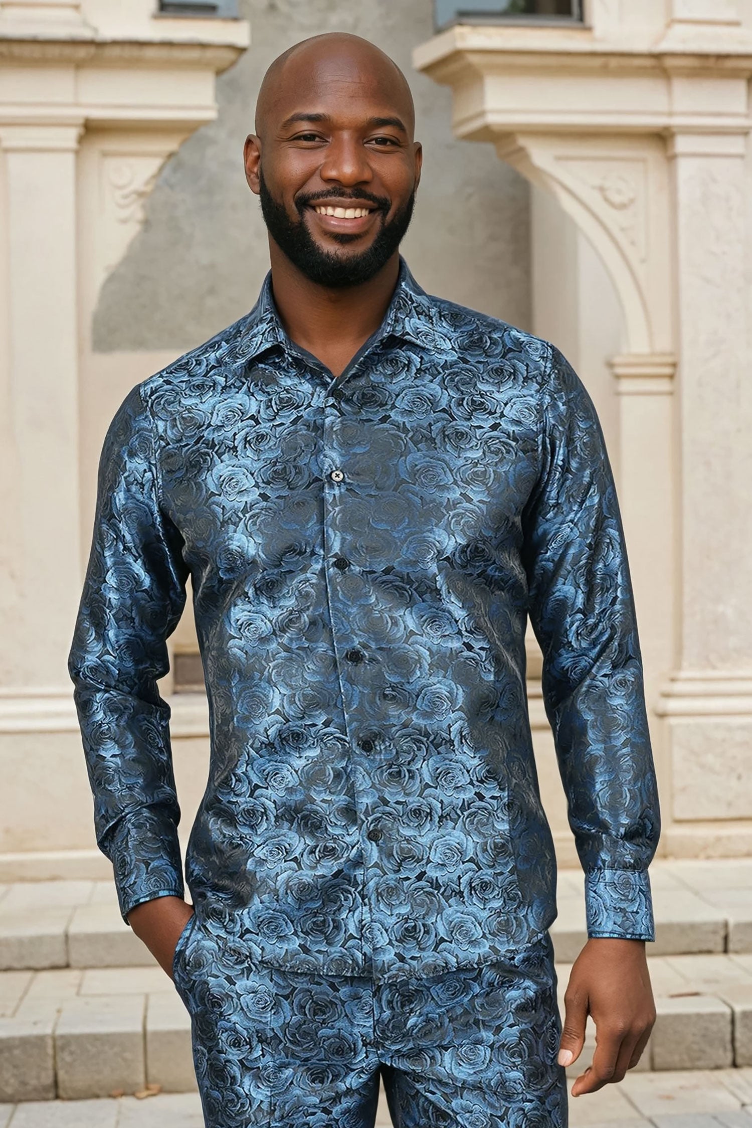 Barabas Long Sleeve Floral Men's Button Down Dress Shirts 2B03 Blue