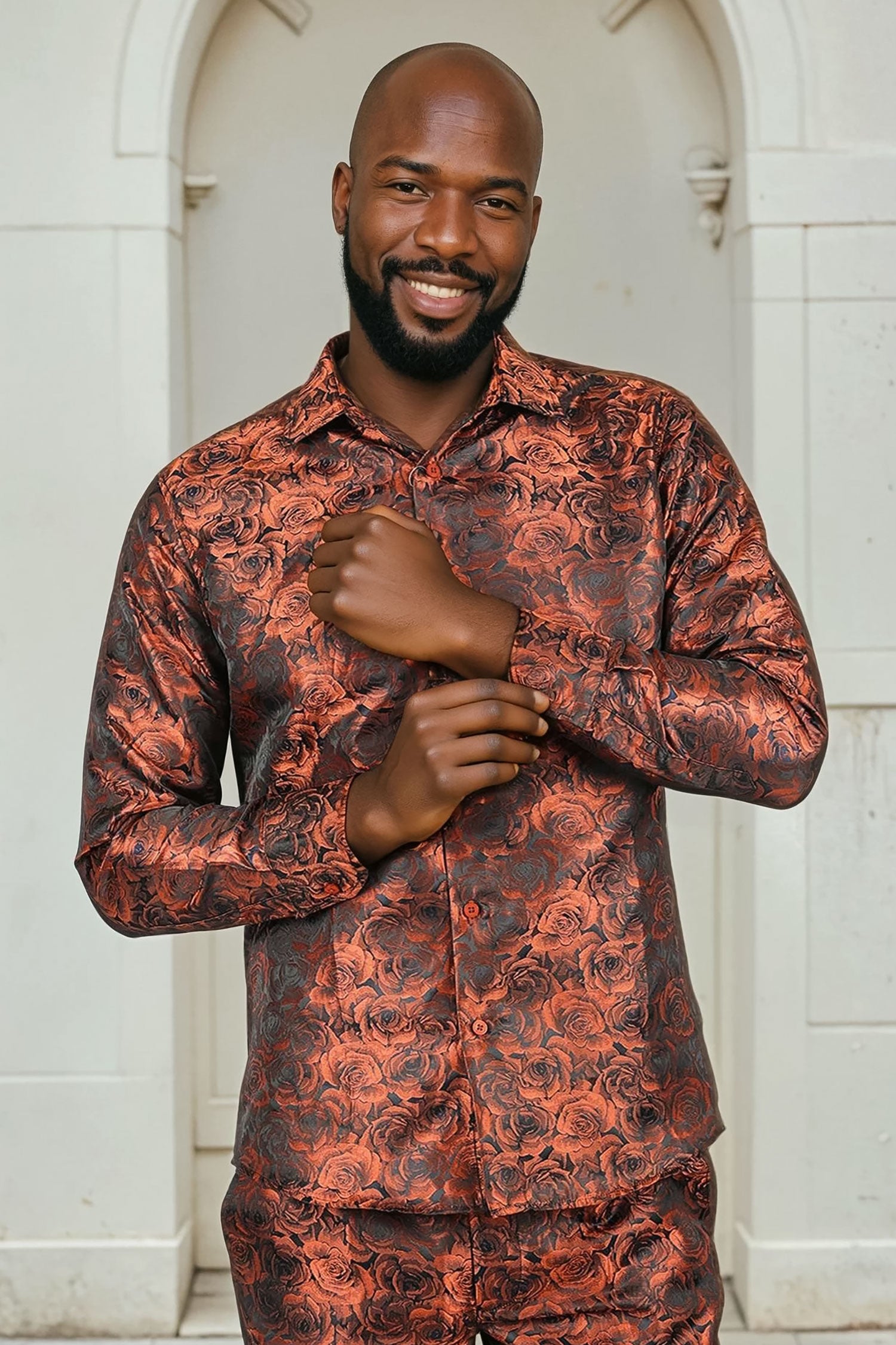 Barabas Long Sleeve Floral Men's Button Down Dress Shirts 2B03 Orange
