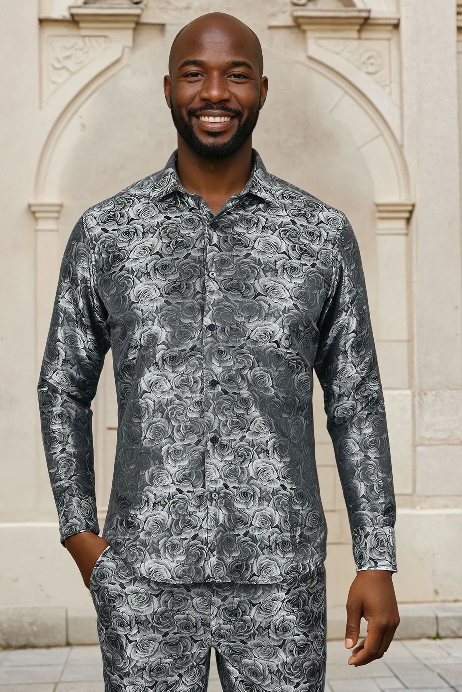 Barabas Long Sleeve Floral Men's Button Down Dress Shirts 2B03 Grey