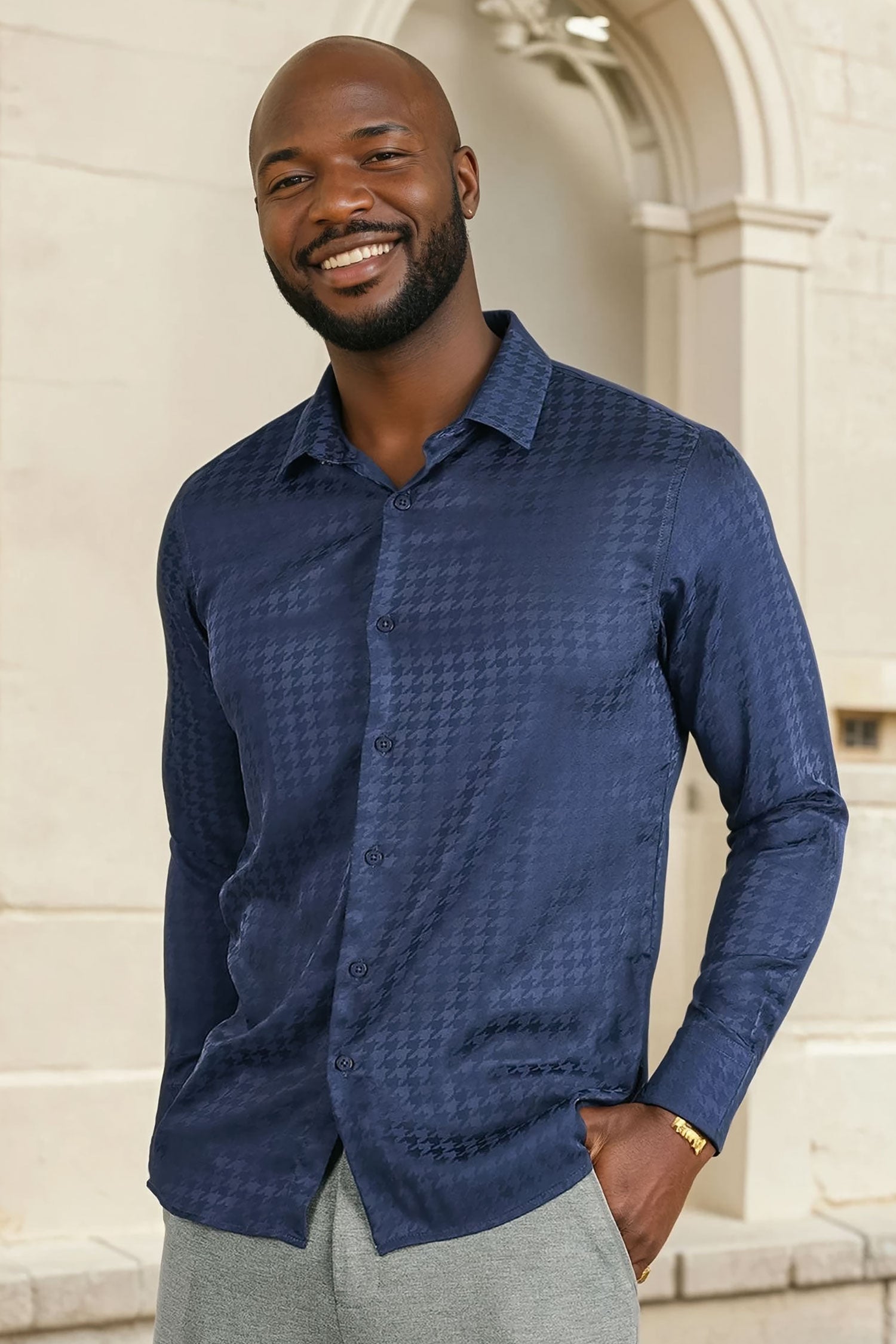 BARABAS Men's Wood Art Long Sleeve Button Down Shirt 2B321 Navy
