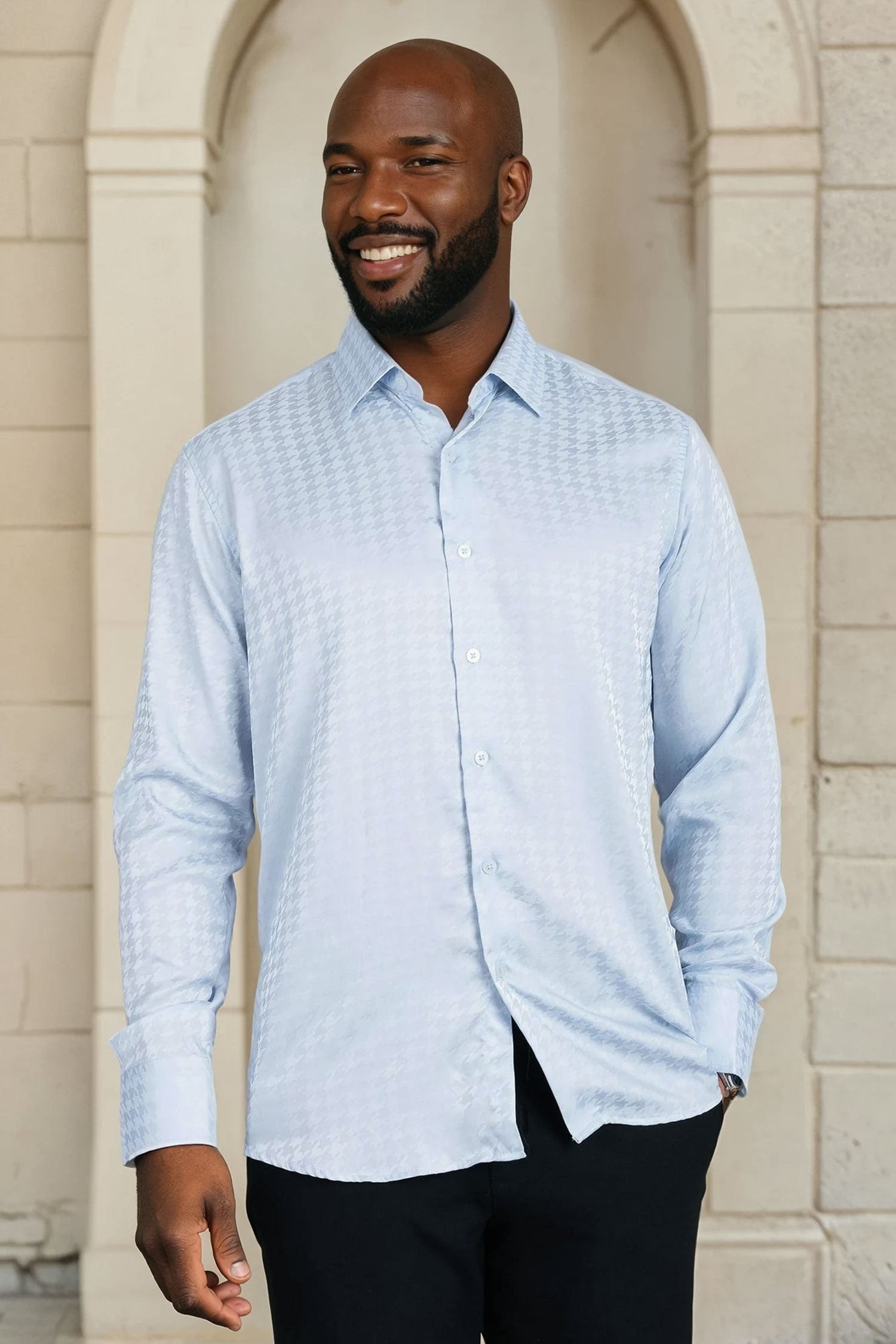 BARABAS Men's Wood Art Long Sleeve Button Down Shirt 2B321 Sky Blue