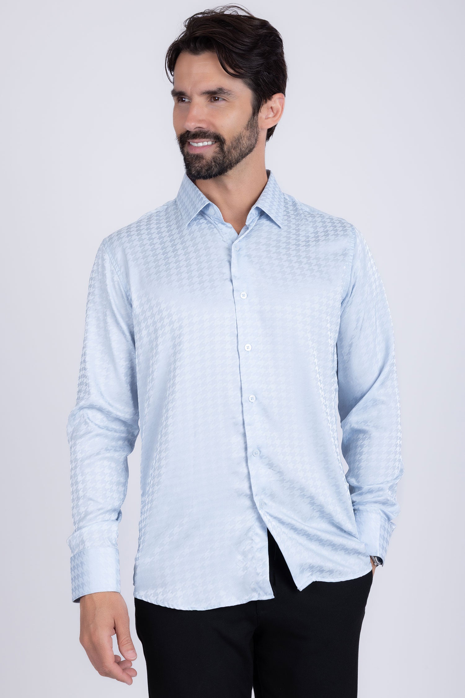 BARABAS Men's Wood Art Long Sleeve Button Down Shirt 2B321 Sky Blue