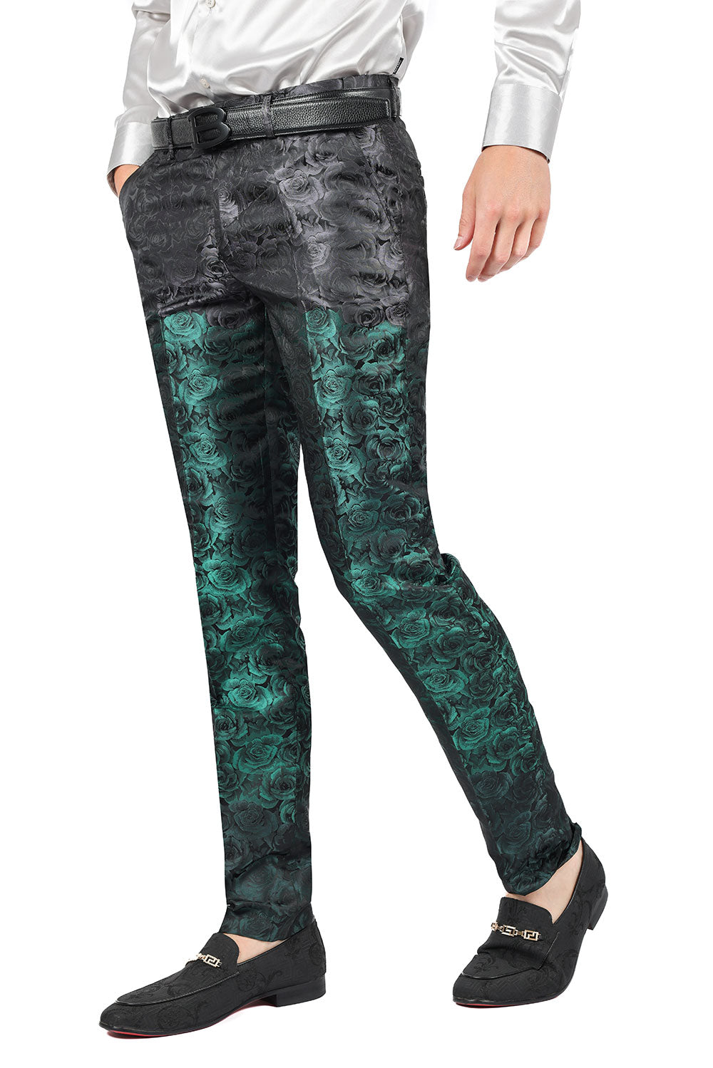 Barabas Men's Floral Rose Shiny Metallic Dress Pants 2CP03 Green