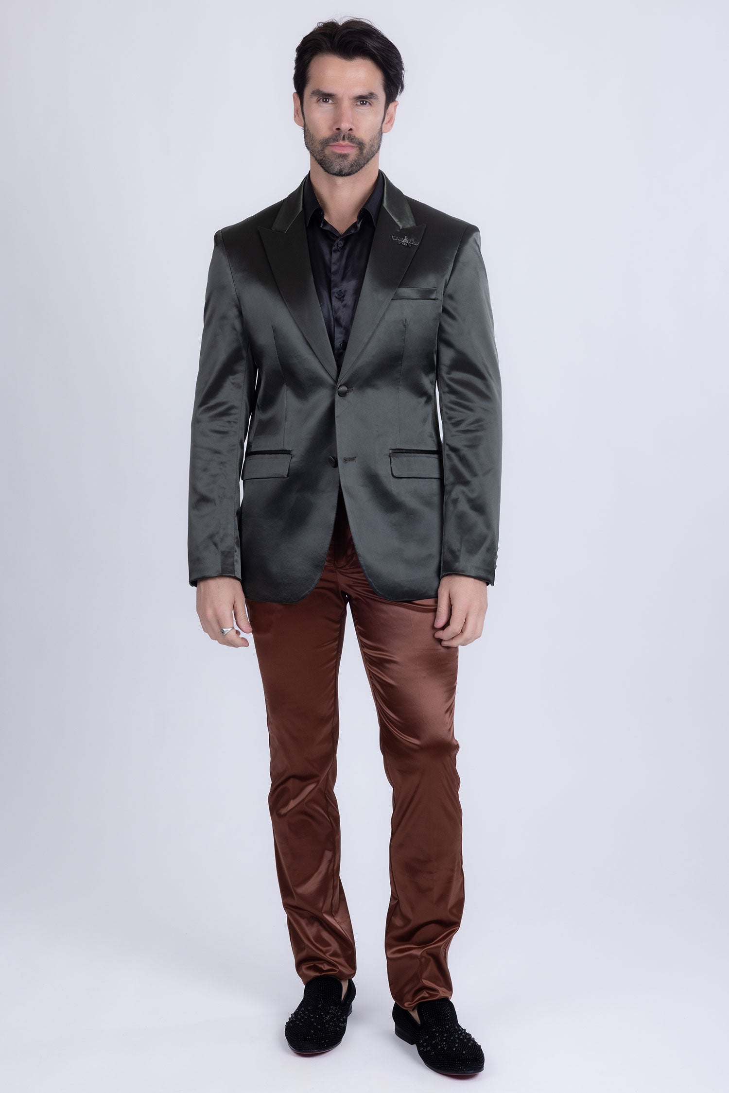 Barabas Men's Solid Color Satin Metallic Shine Luxury Blazer 2BL1010 Olive