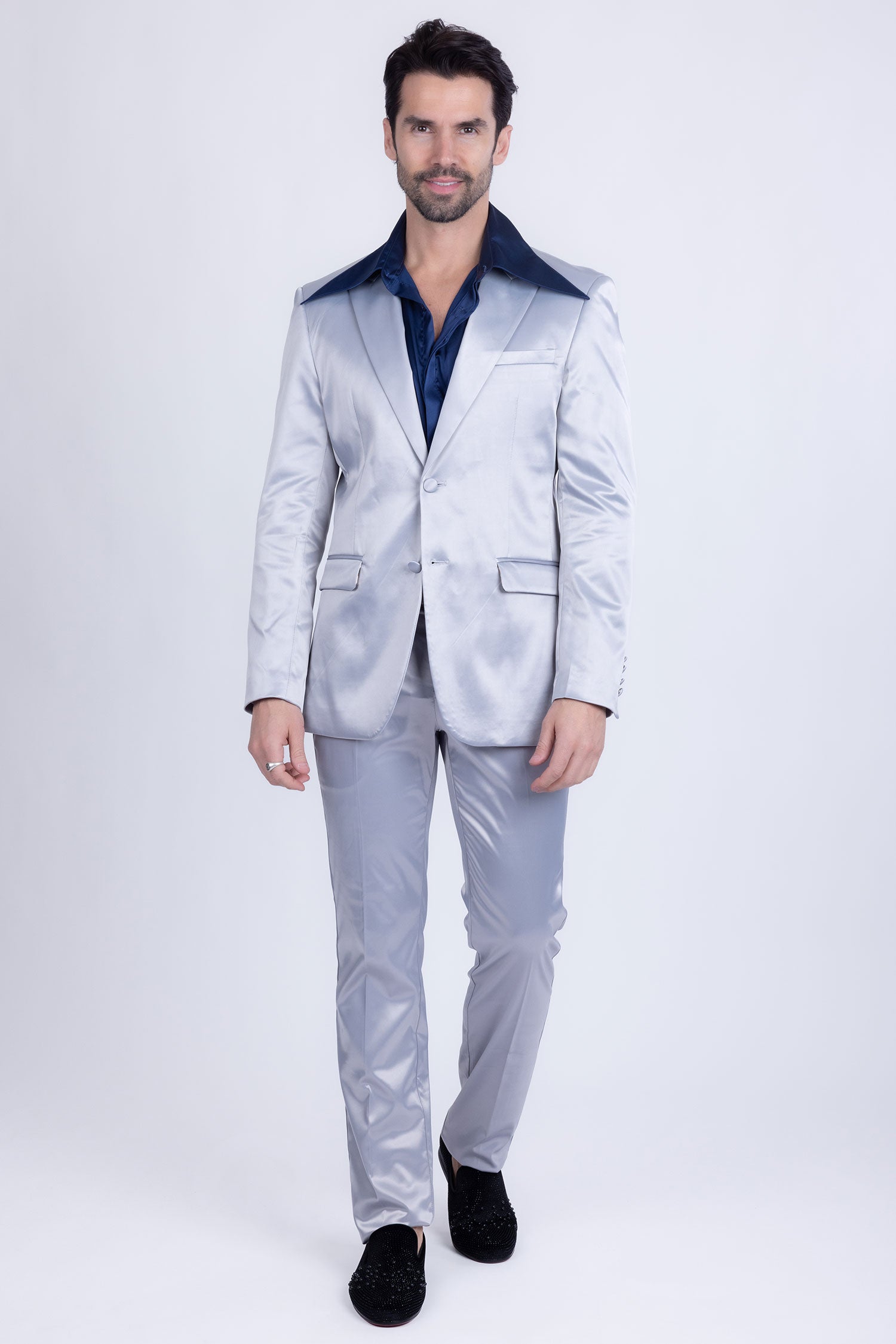 Barabas Men's Solid Color Satin Metallic Shine Luxury Blazer 2BL1010 Silver