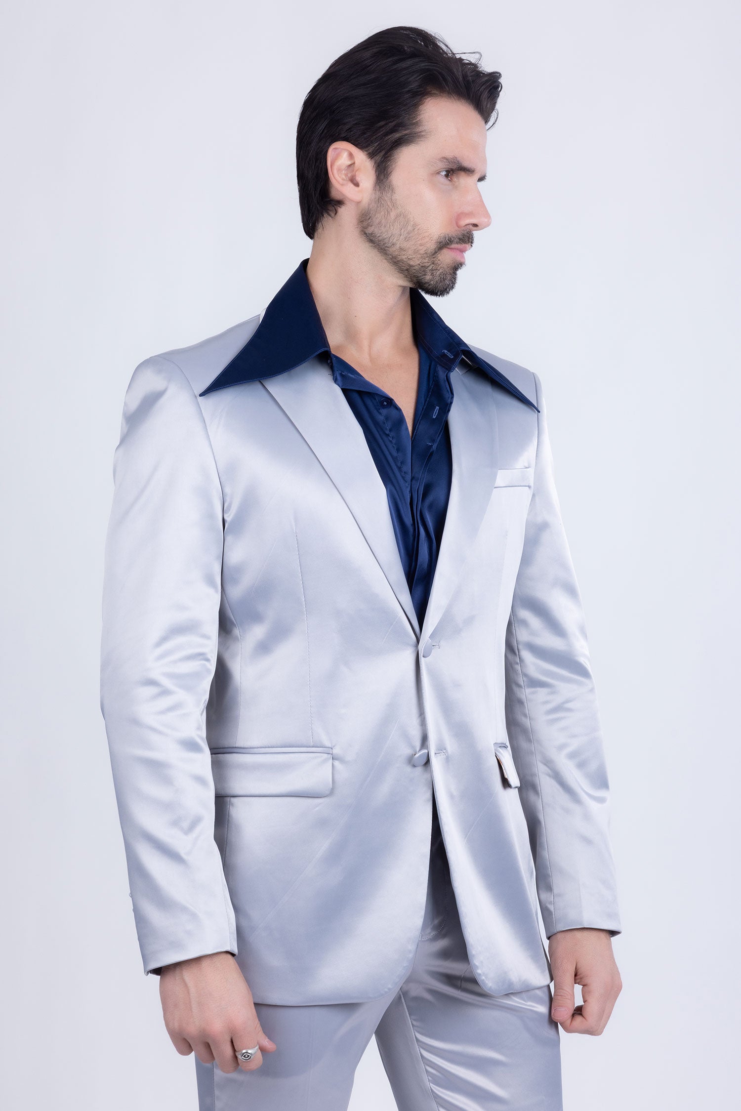 Barabas Men's Solid Color Satin Metallic Shine Luxury Blazer 2BL1010 Silver