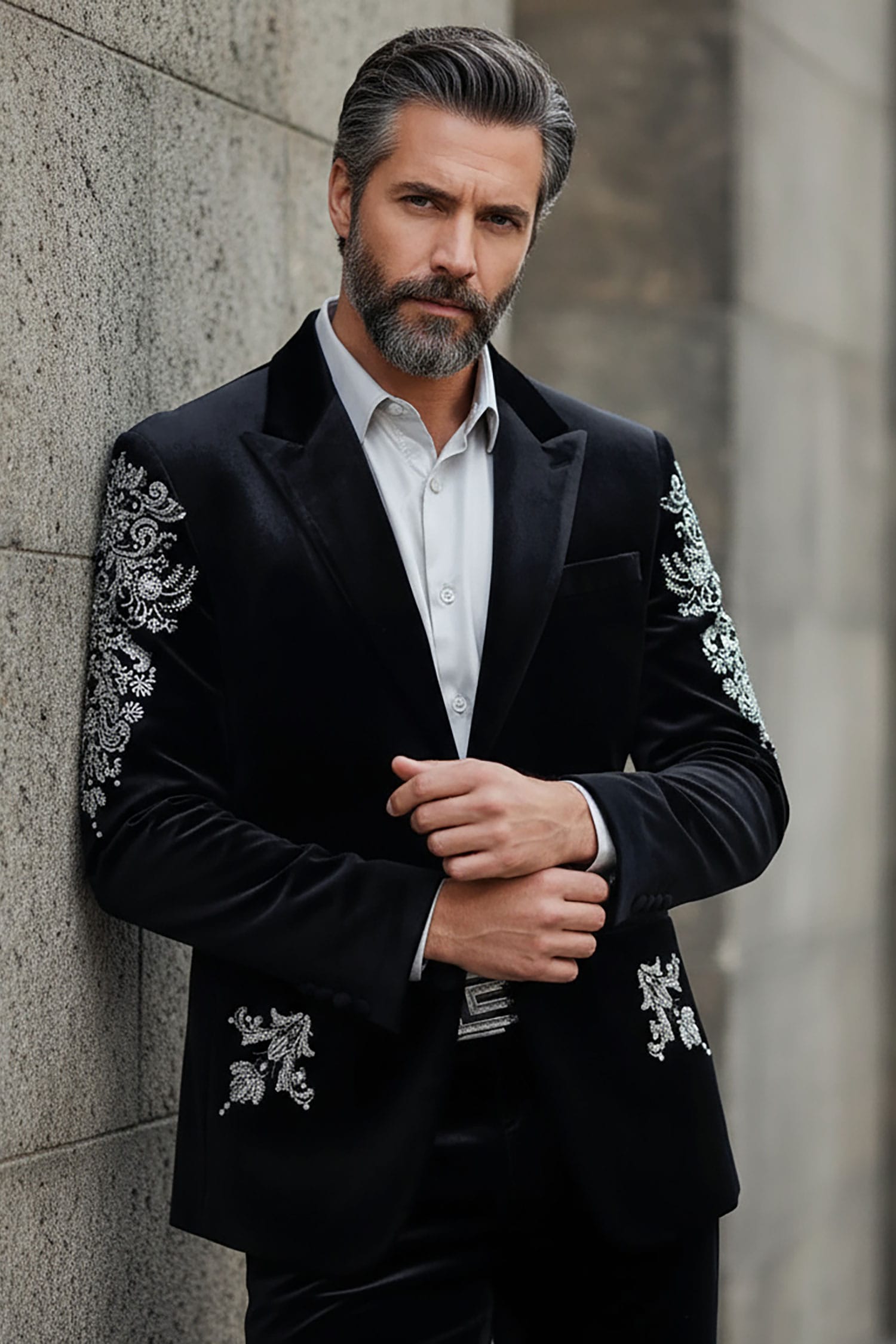 BARABAS Men's Jewels Rhinestone Studs Peak Lapel Velvet Blazer 2BLR2 Black Silver