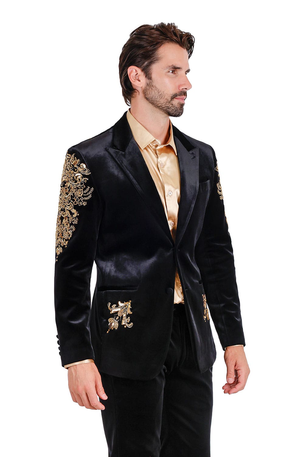 BARABAS Men's Jewels Rhinestone Studs Peak Lapel Velvet Blazer 2BLR2 #Color_Black Gold