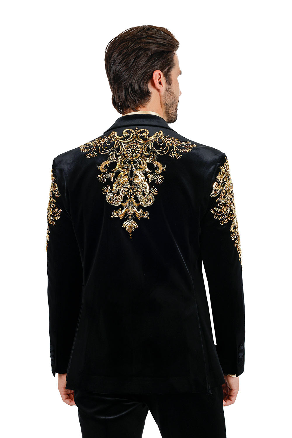 BARABAS Men's Jewels Rhinestone Studs Peak Lapel Velvet Blazer 2BLR2 Black Gold
