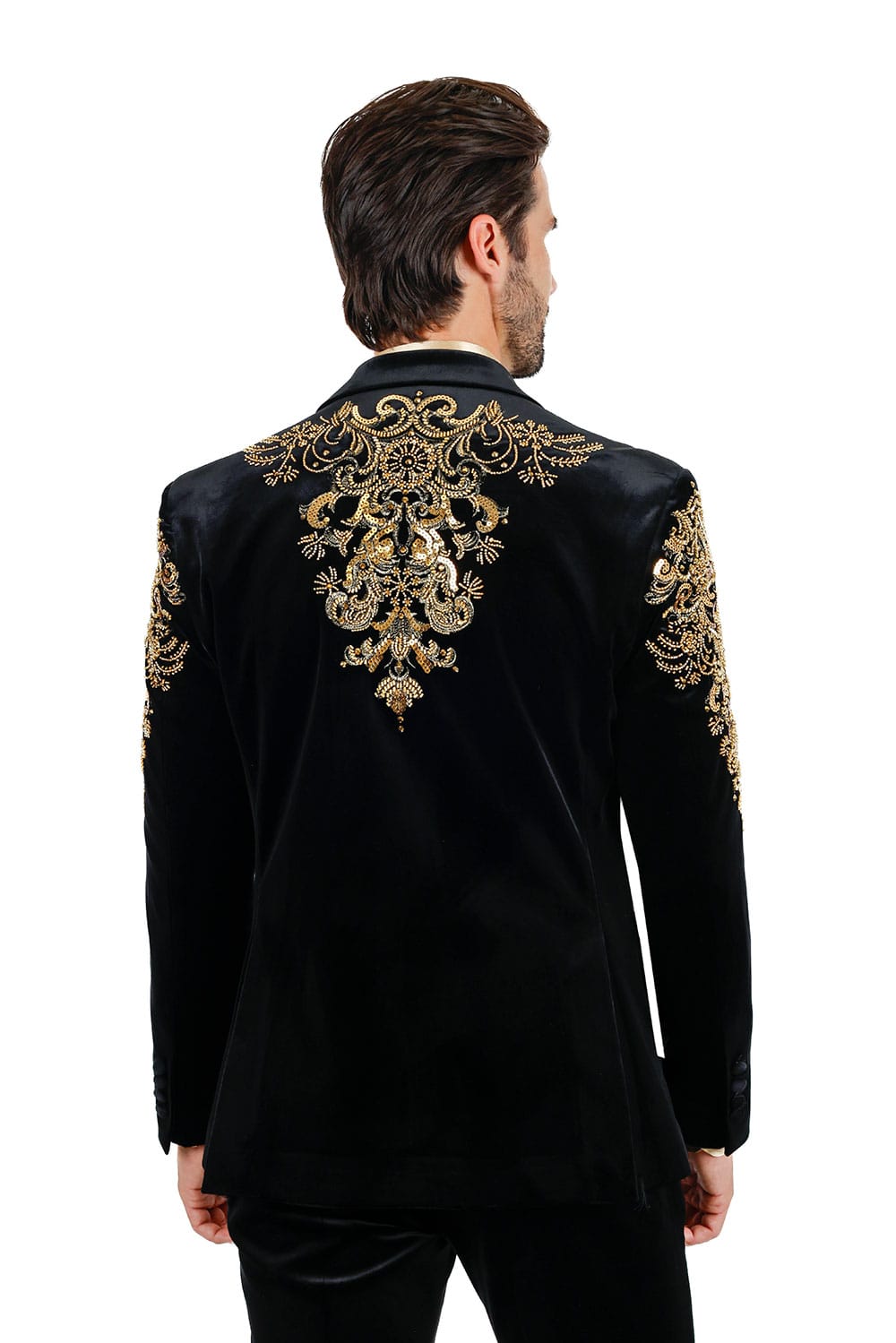 BARABAS Men's Jewels Rhinestone Studs Peak Lapel Velvet Blazer 2BLR2 #Color_Black Gold