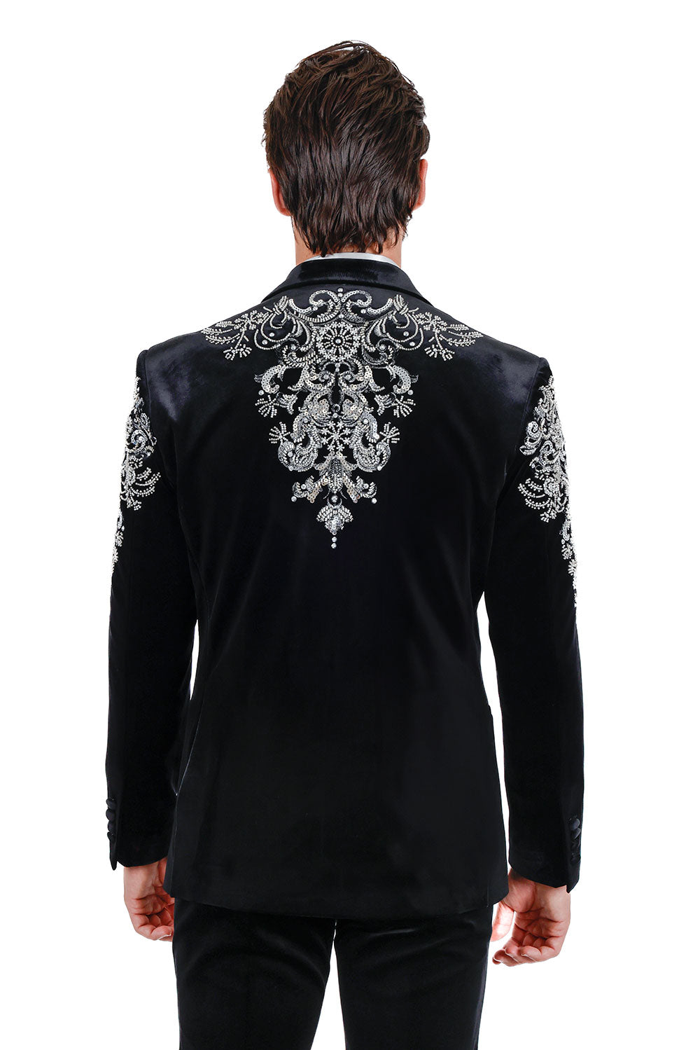 BARABAS Men's Jewels Rhinestone Studs Peak Lapel Velvet Blazer 2BLR2 Black Silver