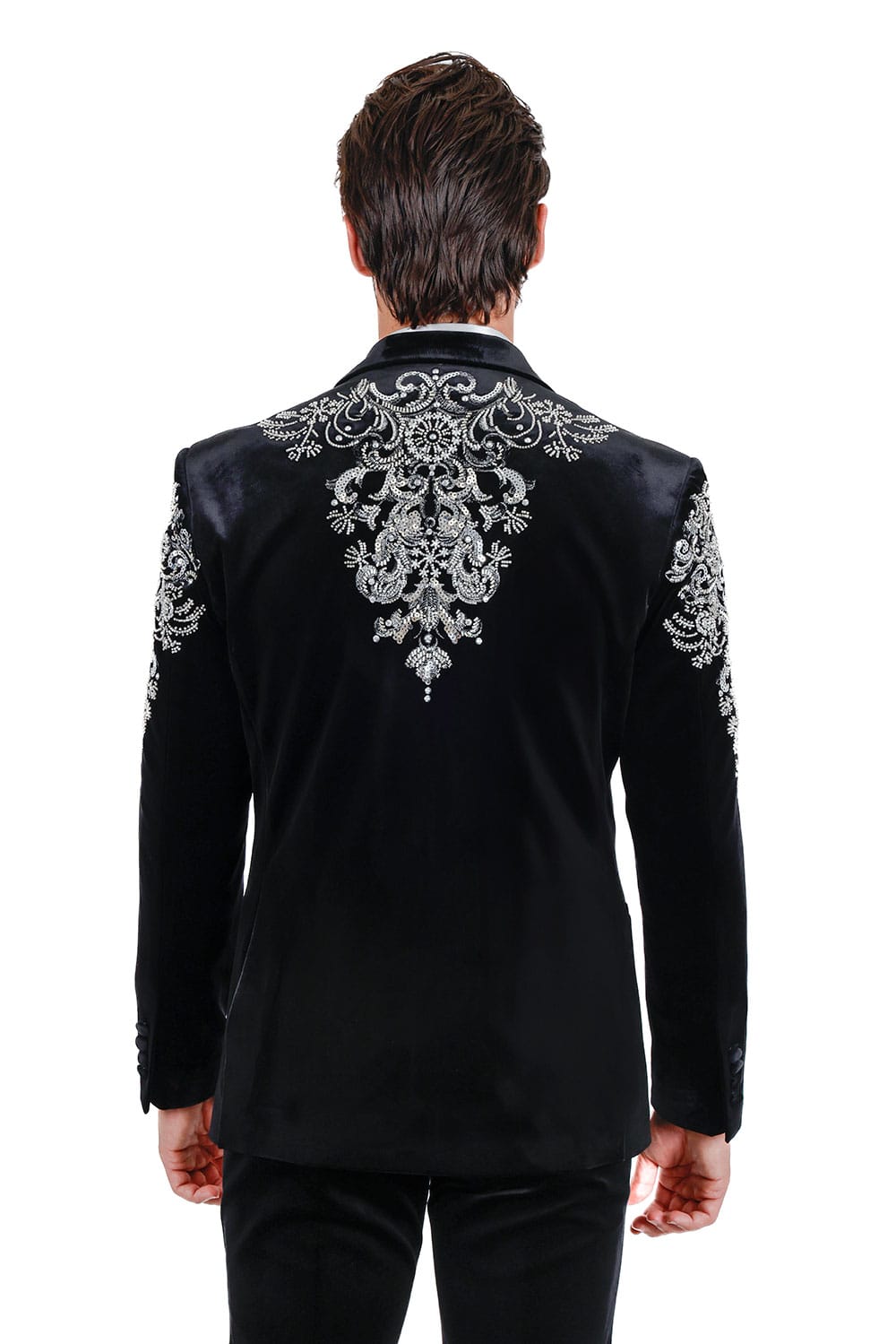 BARABAS Men's Jewels Rhinestone Studs Peak Lapel Velvet Blazer 2BLR2 Black Silver