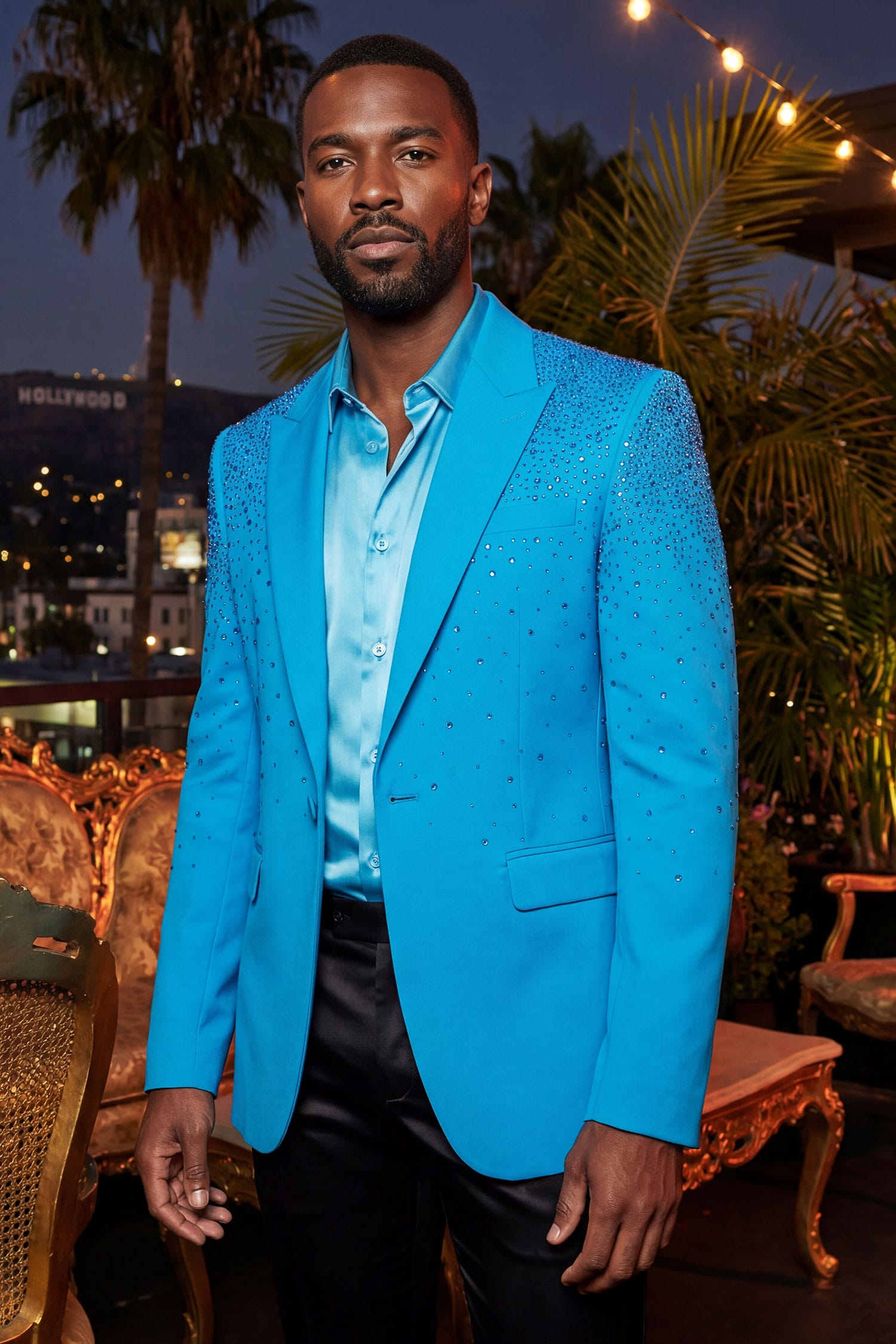 Barabas Men's Rhinestone Solid Color Notch Lapel Blazer 2BLR6 Blue