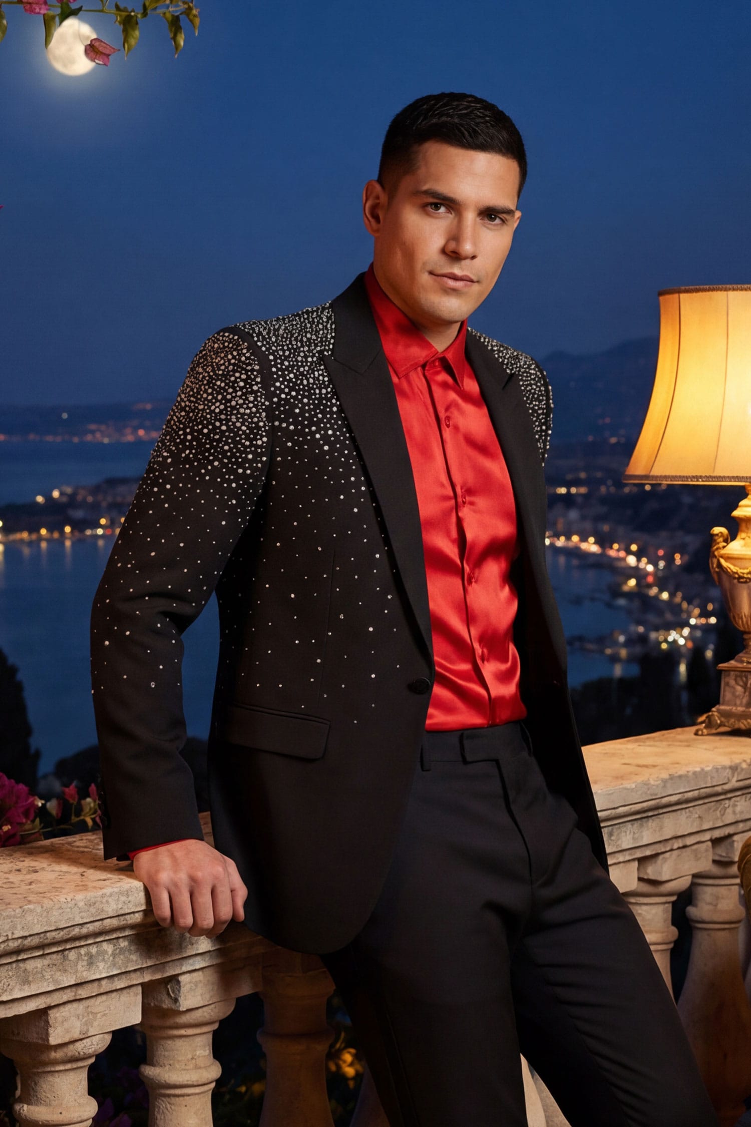 Barabas Men's Rhinestone Solid Color Notch Lapel Blazer 2BLR6 Black Silver