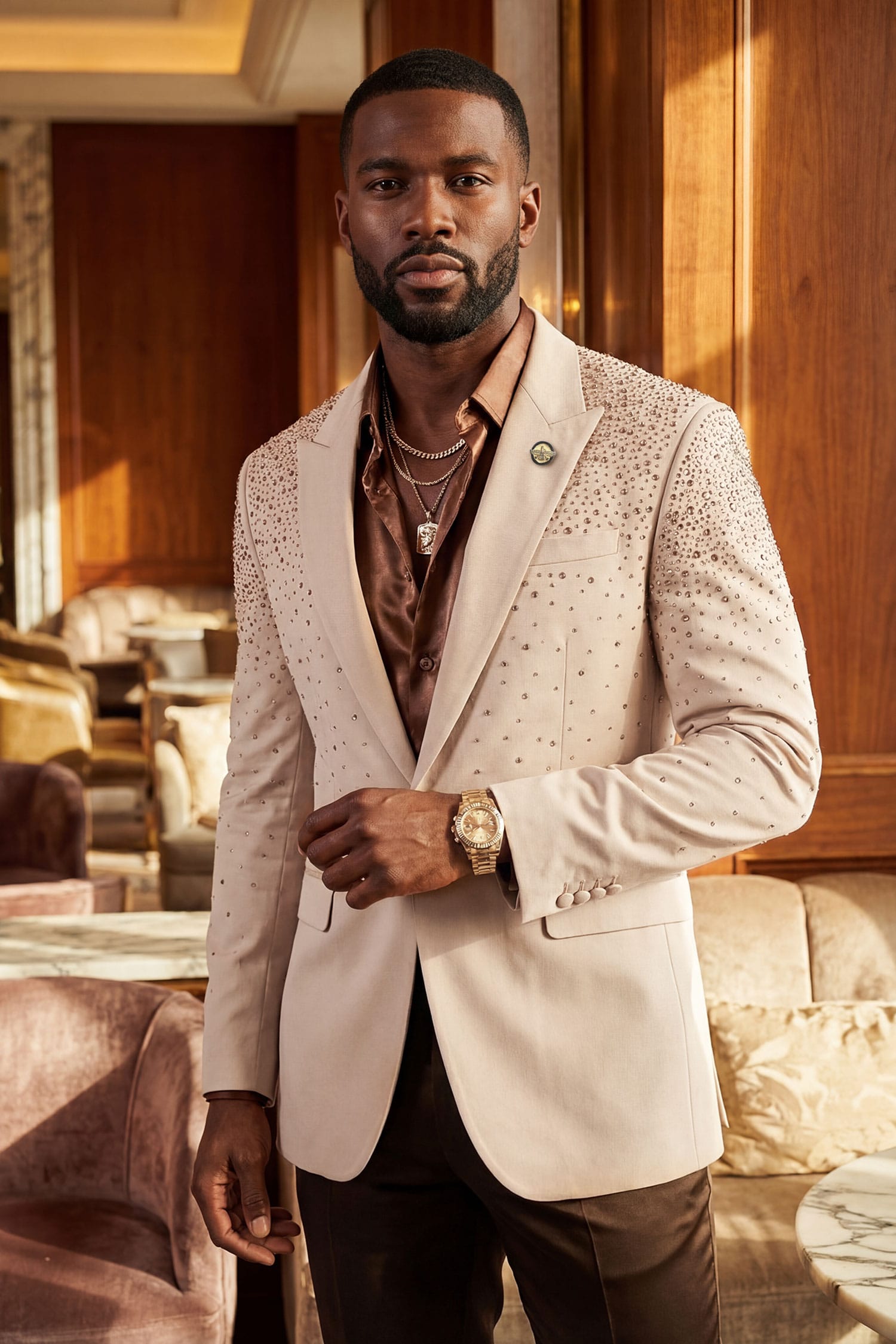 Barabas Men's Rhinestone Solid Color Notch Lapel Blazer 2BLR6 Cloud Cream