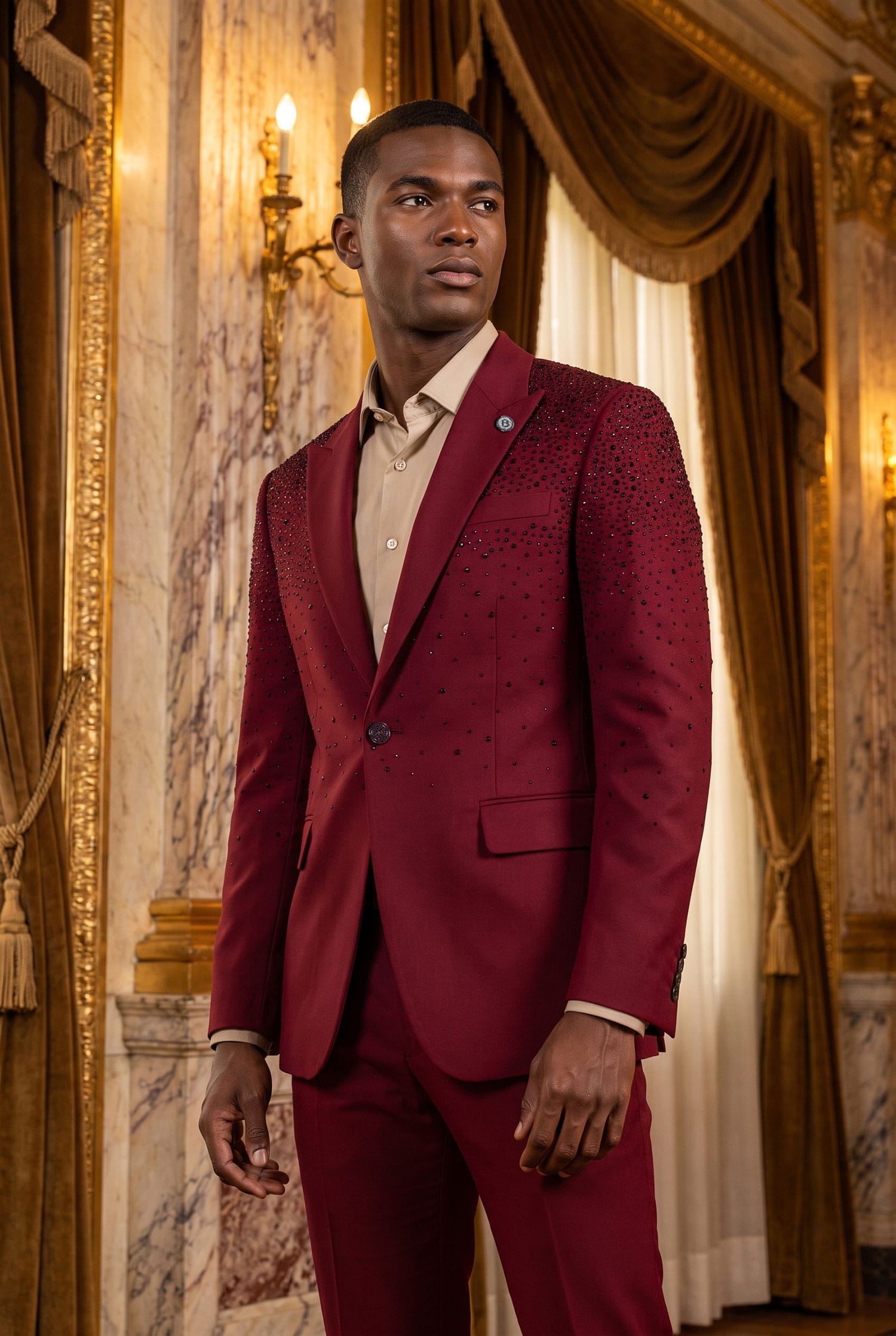 Barabas Men's Rhinestone Solid Color Notch Lapel Blazer 2BLR6 Cabernet