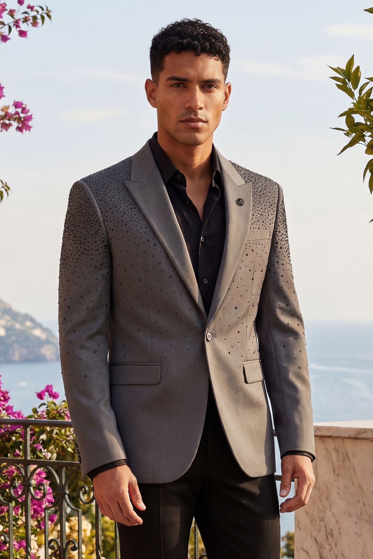 Barabas Men's Rhinestone Matte Color Notch Lapel Casual Blazer 2BLR6 Grey Black