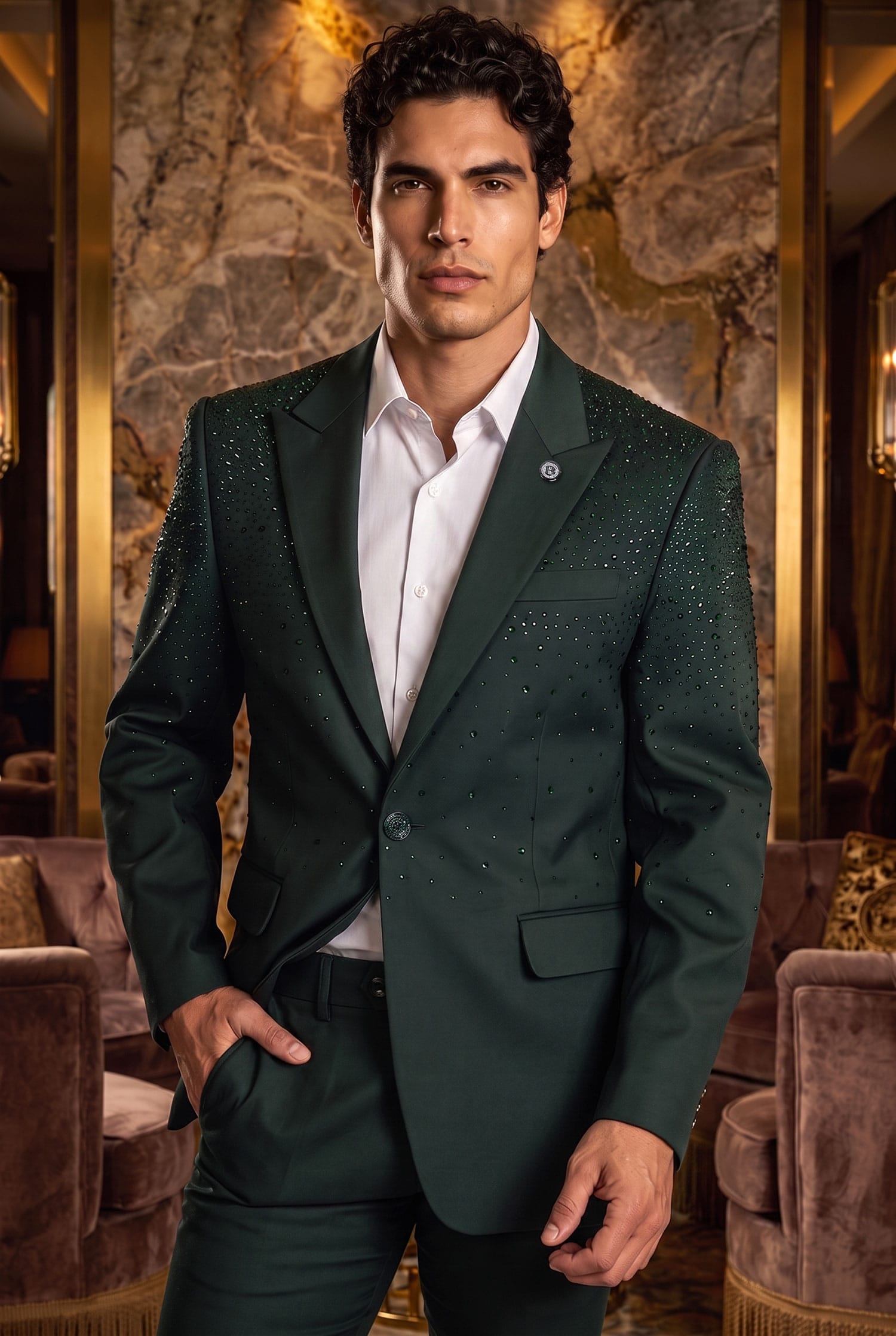 Barabas Men's Rhinestone Solid Color Notch Lapel Blazer 2BLR6 Hunter Green