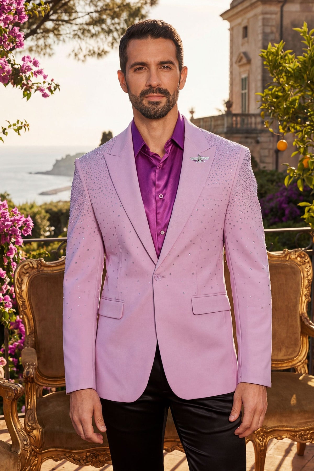 Barabas Men's Rhinestone Solid Color Notch Lapel Blazer 2BLR6 Purple