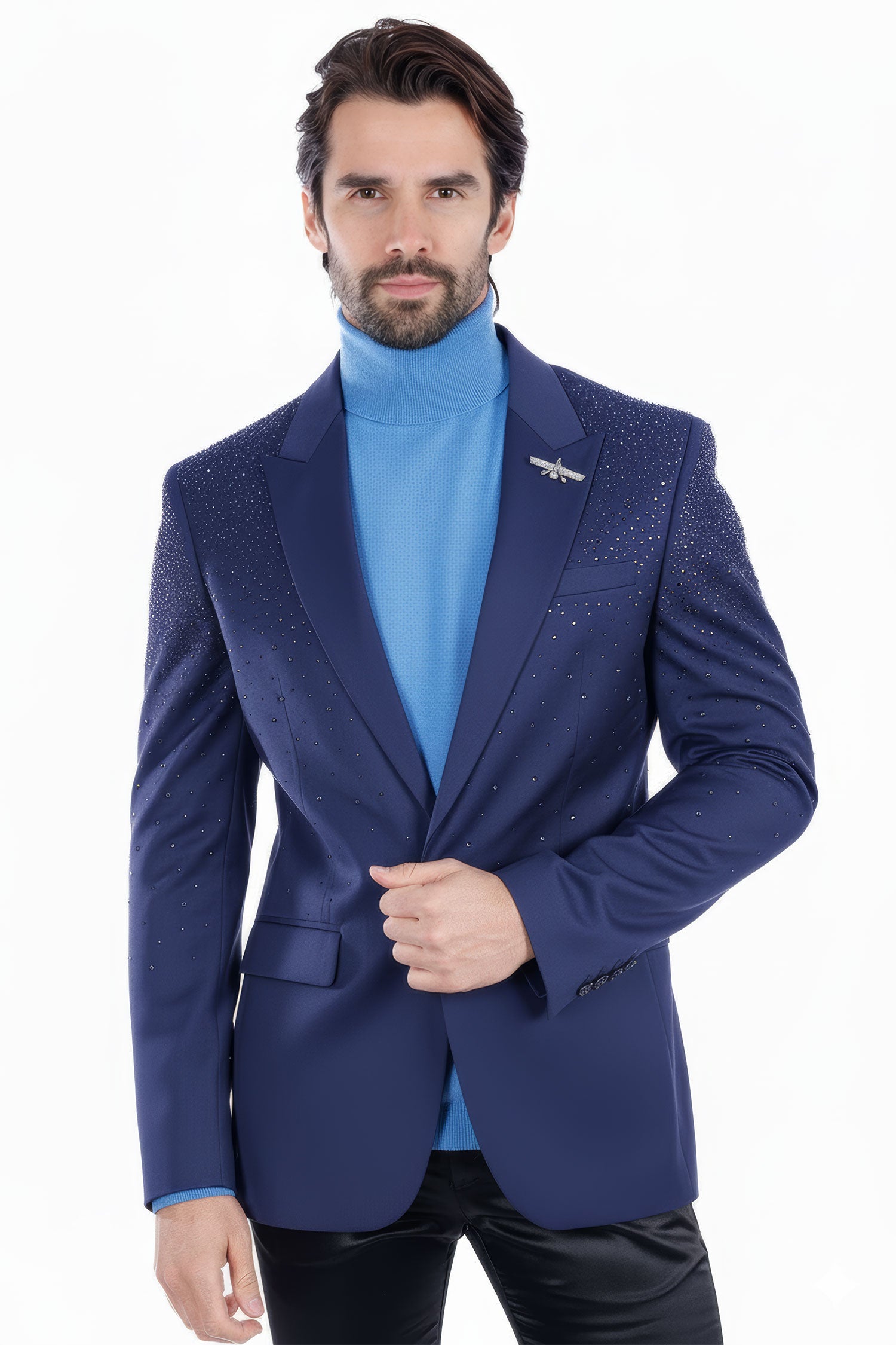 Barabas Men's Rhinestone Matte Color Notch Lapel Casual Blazer 2BLR6 Navy