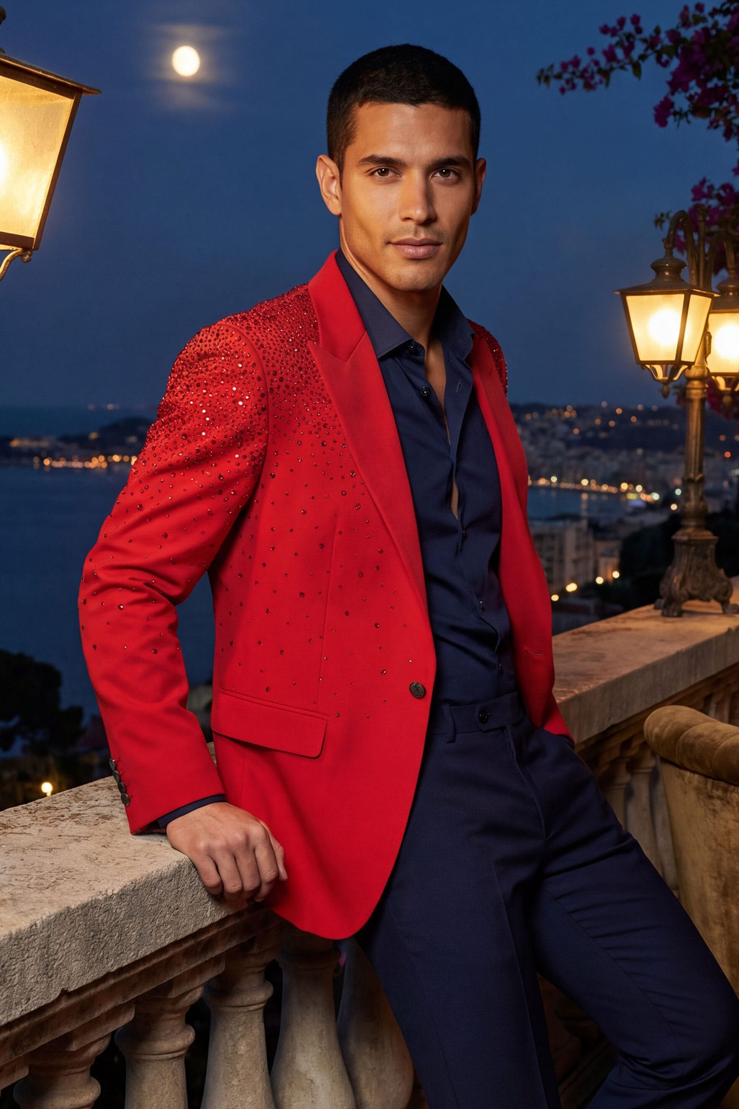 Barabas Men's Rhinestone Solid Color Notch Lapel Blazer 2BLR6 Red