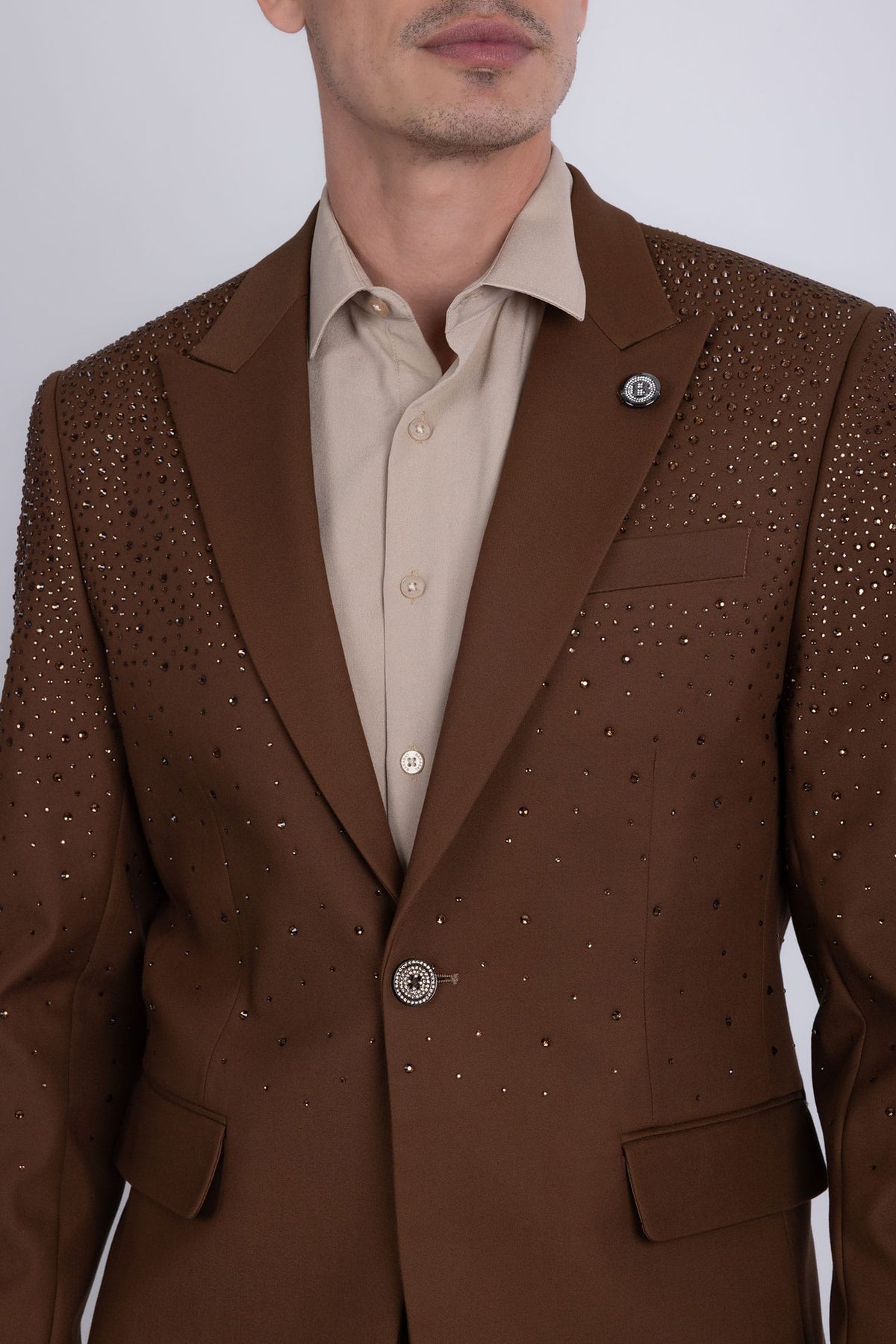 Barabas Men's Rhinestone Solid Color Notch Lapel Blazer 2BLR6 Sepia