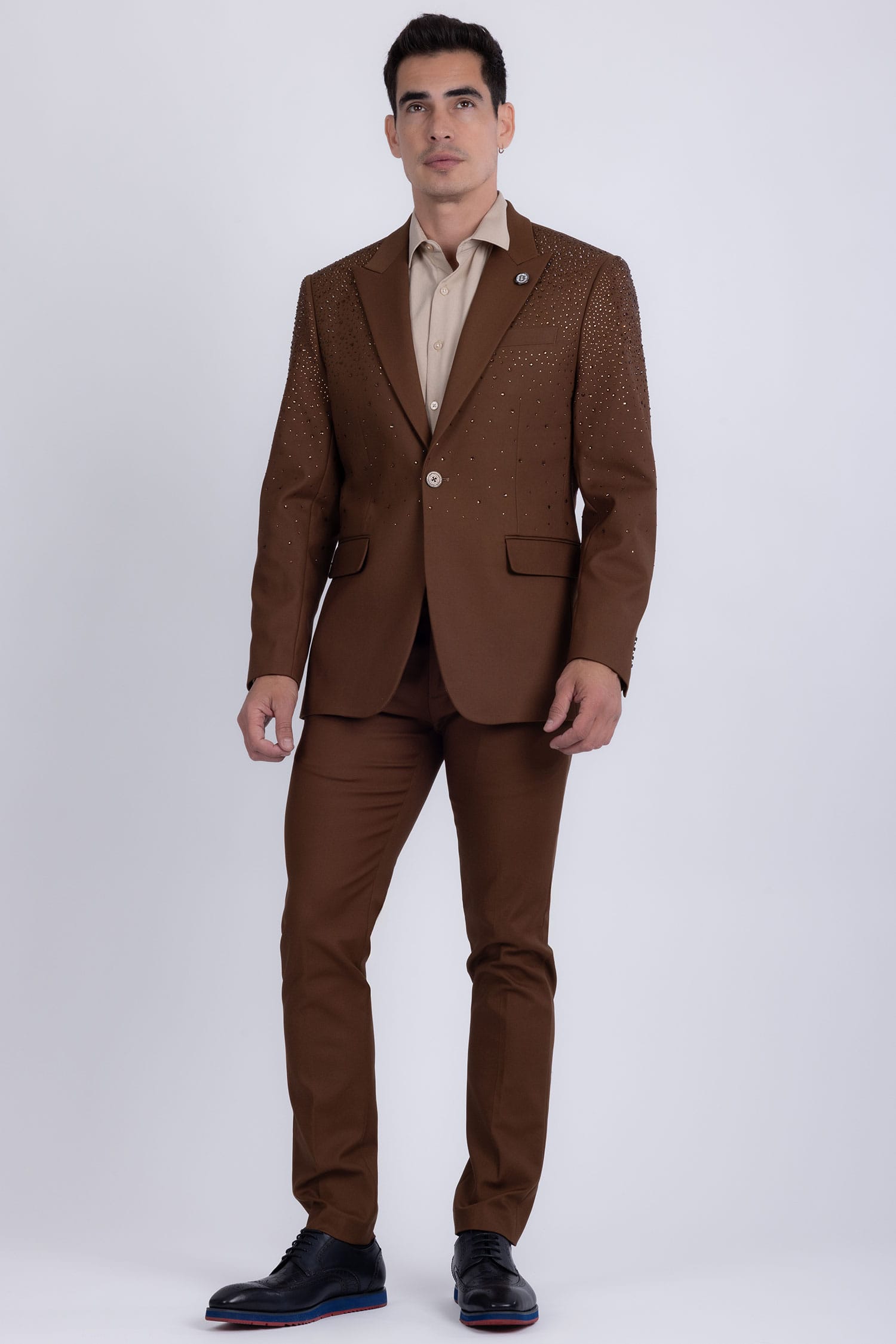 Barabas Men's Rhinestone Solid Color Notch Lapel Blazer 2BLR6 Brown